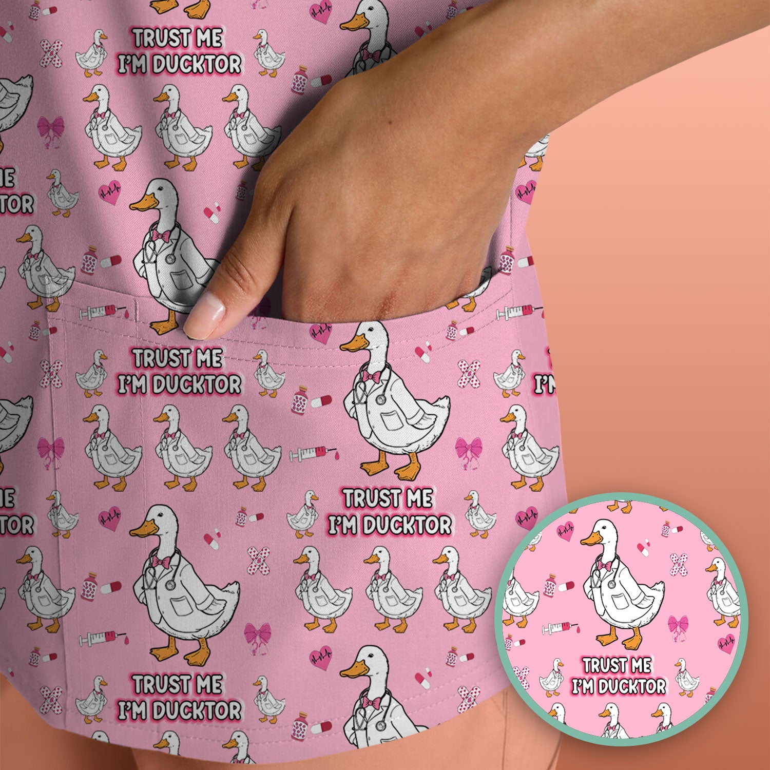 Trust Me I'm Ducktor Scrub Top, Funny Duck Pattern Scrub Shirt, Breathable Fabrics Nursing Uniform For Women