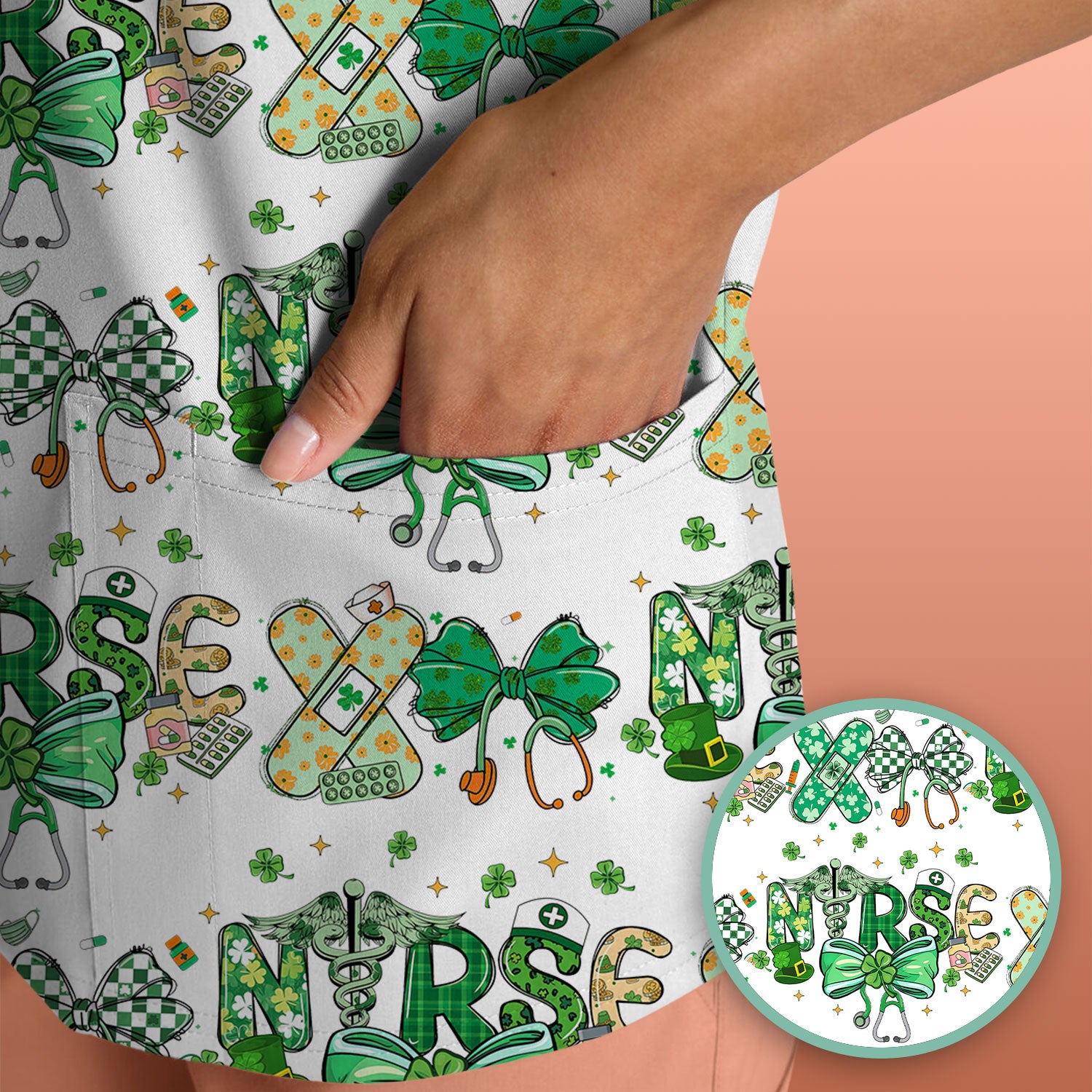St. Patrick’s Nurse Scrub Top, Lucky Clover And Green Bow Pattern Nurse Shirt, Breathable Fabrics Nursing Uniform