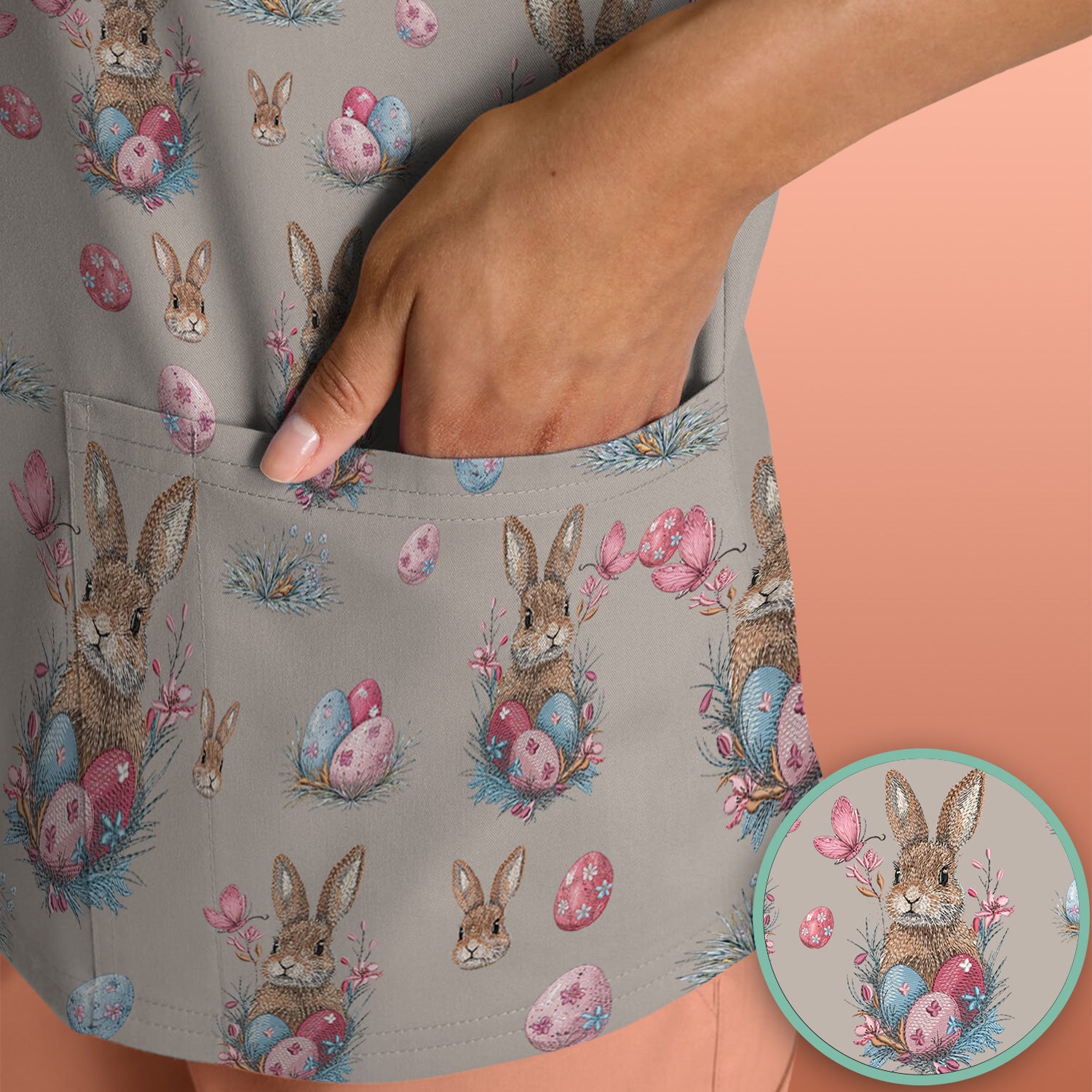 Pastel Easter Bunny Nest Pattern Scrub Top, Comfortable Scrubs for Nurses