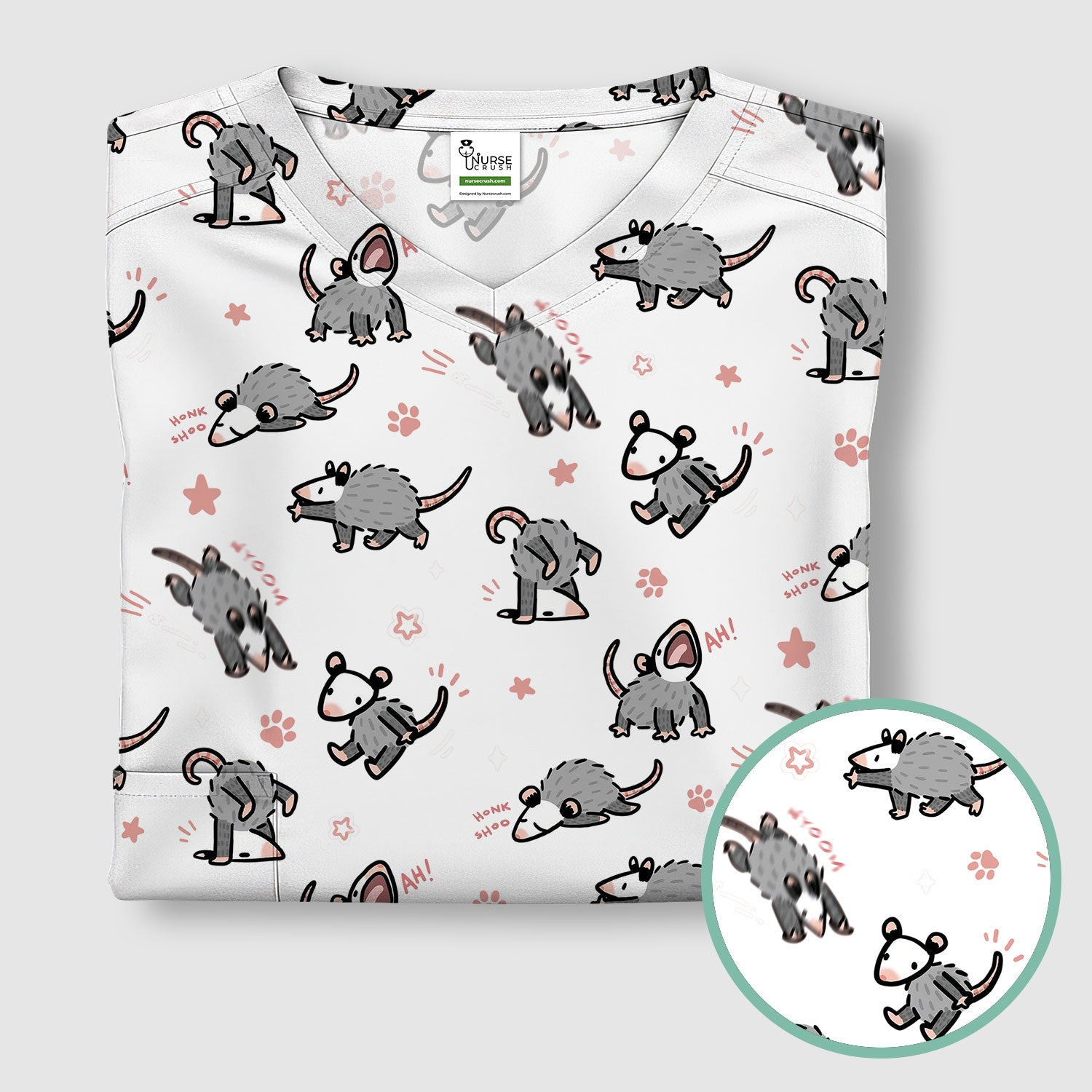Playful Cartoon Opossum Character Pattern Scrub Top, Breathable Fabrics Nursing Uniform