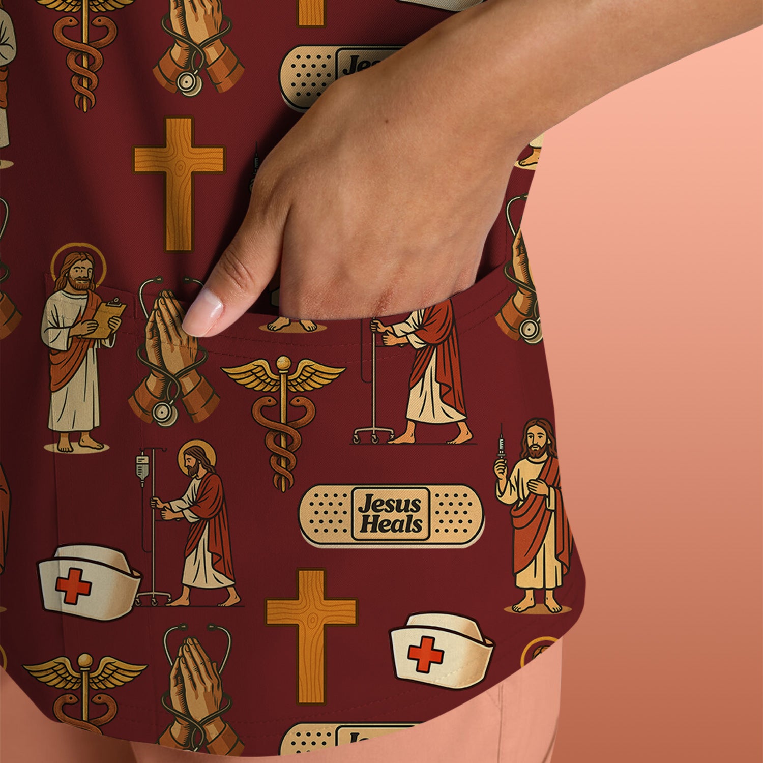 Christian Nurse Faith Scrub Top - Jesus Heals Quote & Religious Medical Pattern - Multiple Color Options Gift for RN LPN CNA