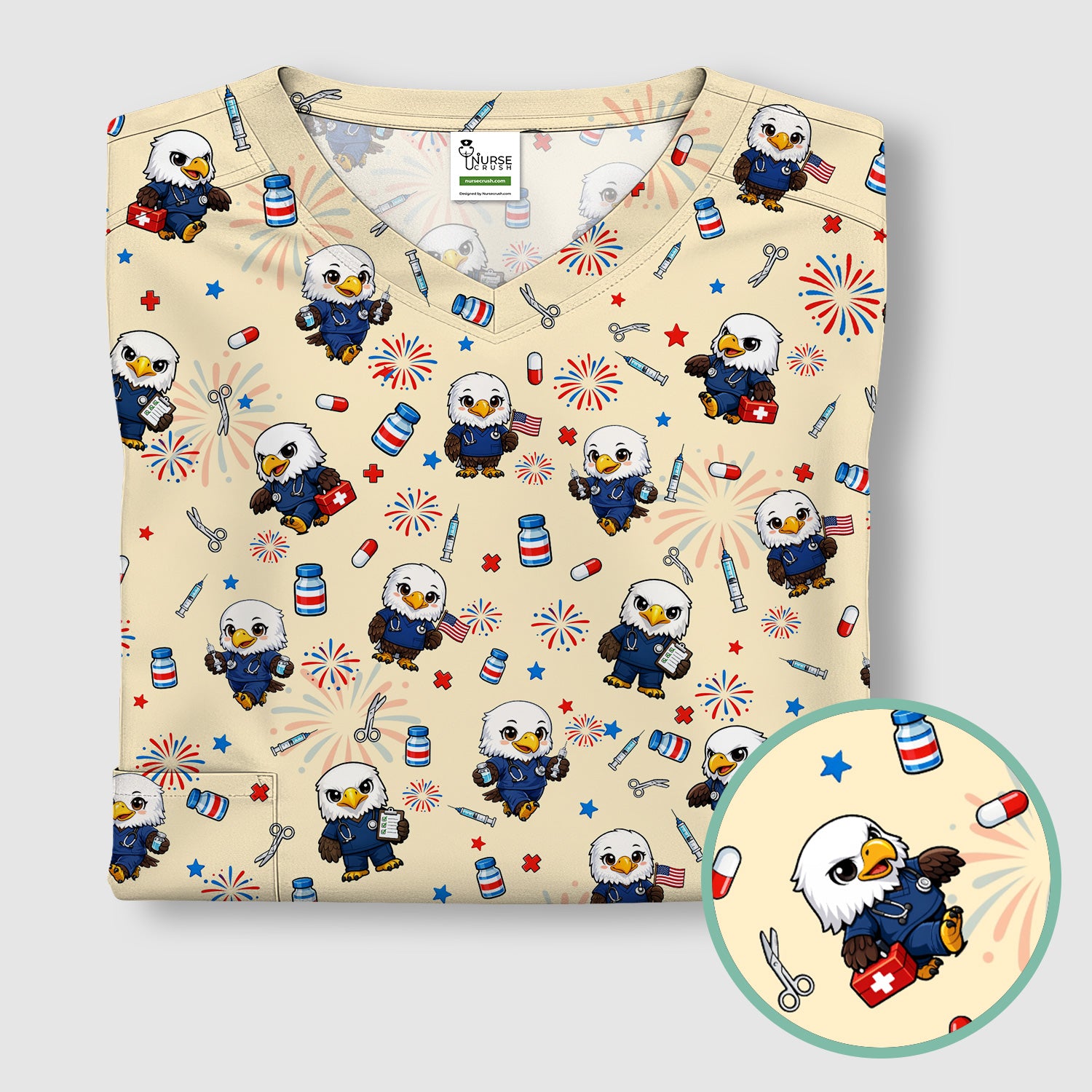 Patriotic Nurse Eagle Fireworks Medical Pattern Scrub Top, Breathable Fabrics Nursing Uniform