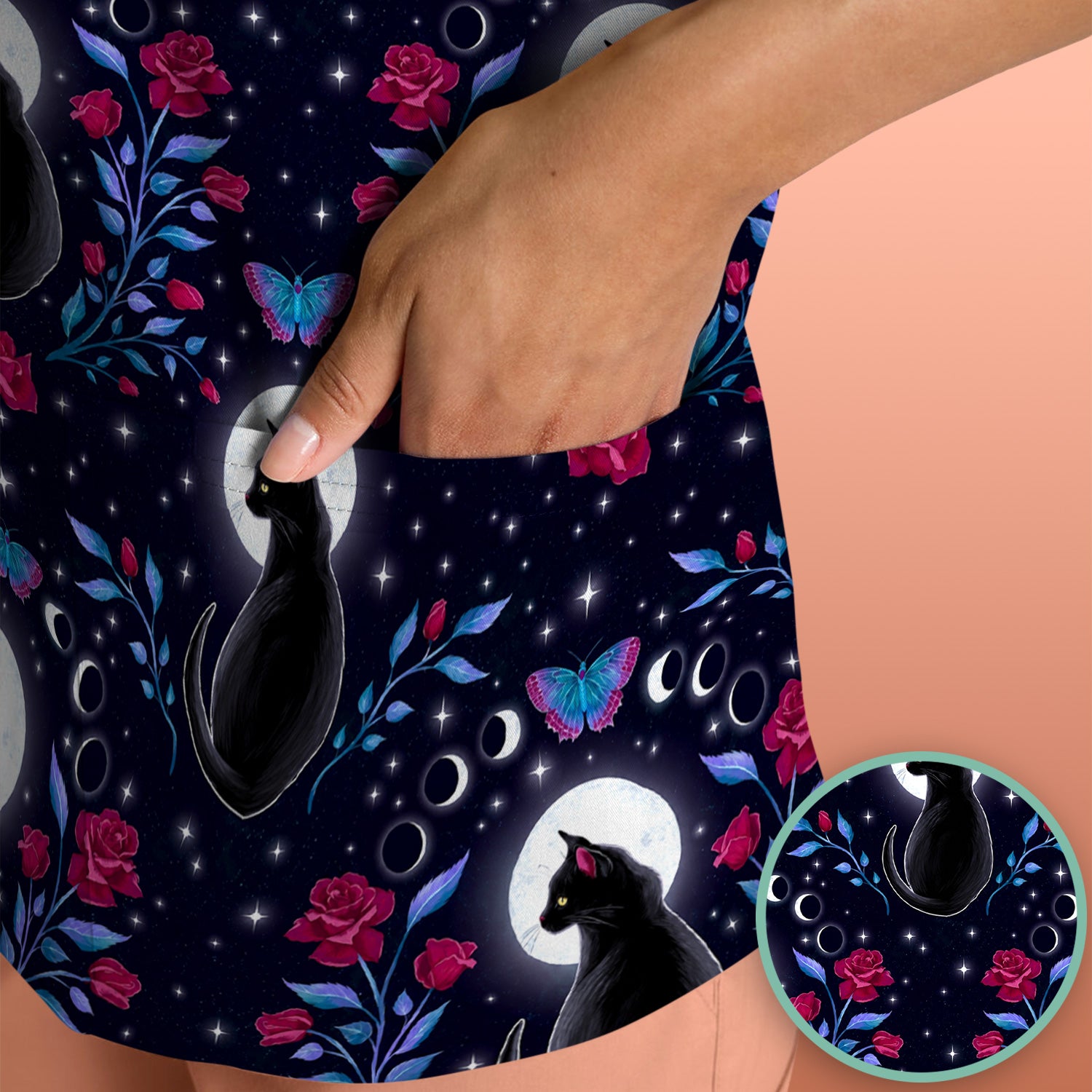 Black Cat Moon Rose Print Scrub Top, Comfortable Scrubs for Nurses