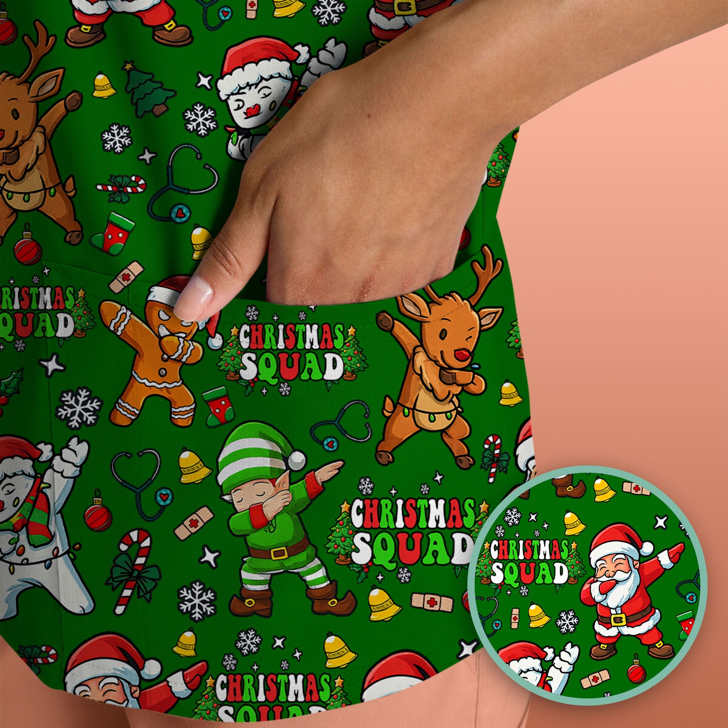 Christmas Squad Scrub Top - Dancing Santa, Reindeer & Elf Shirt - Funny Holiday Medical Uniform for Nurses, Doctors & Vet Techs