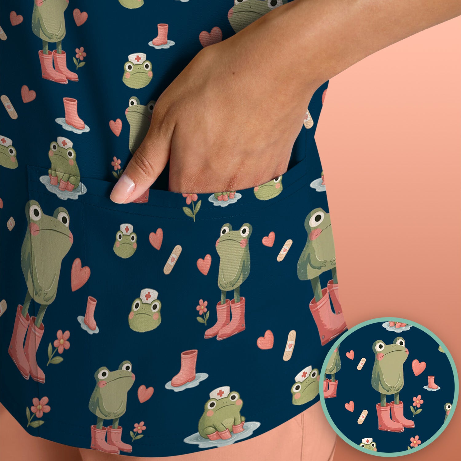 Adorable Frog Boots Heart Pattern Scrub Top, Comfortable Scrubs for Nurses