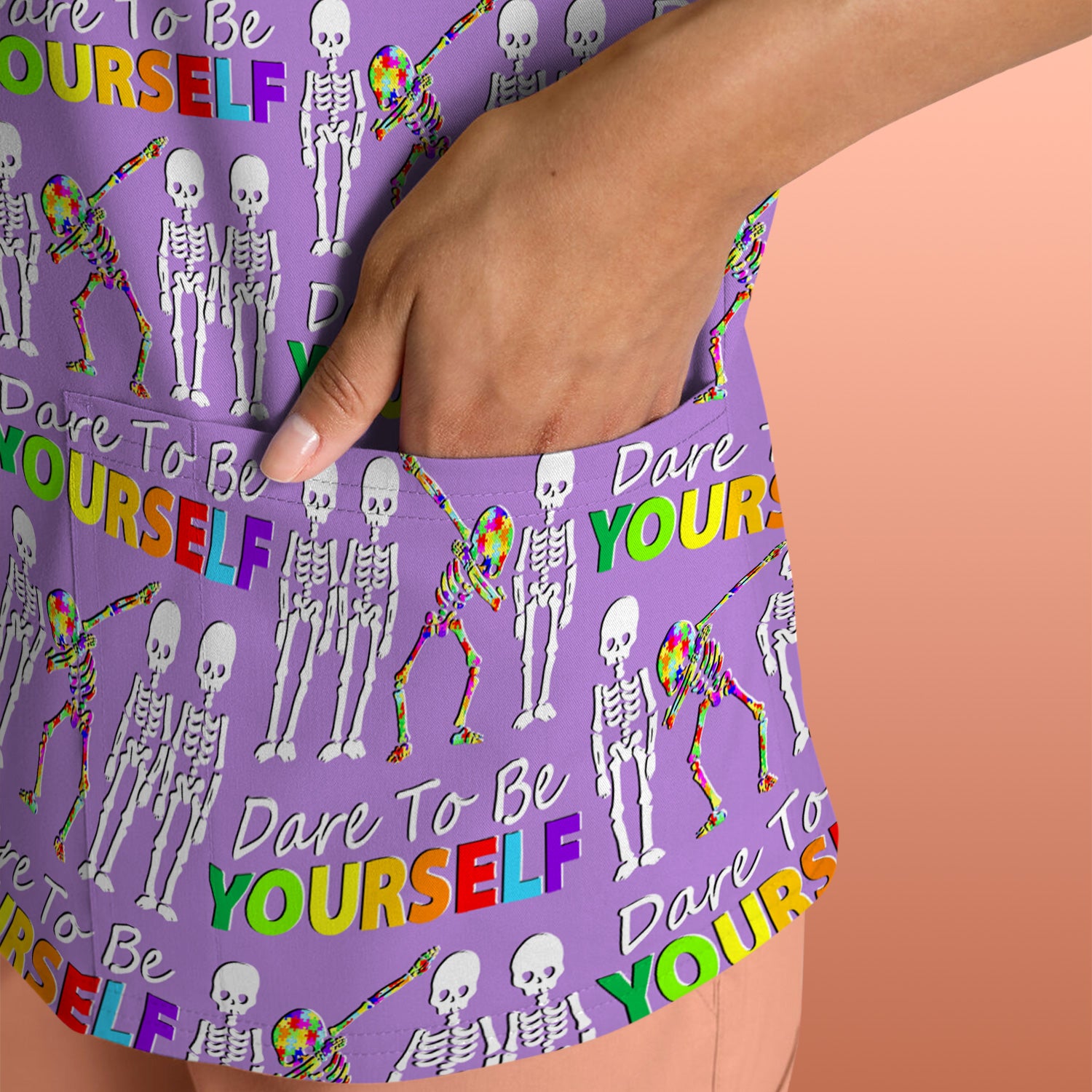 Rainbow Skeleton Dare To Be Yourself Pattern Scrubs Top, Comfortable Scrubs for Nurses