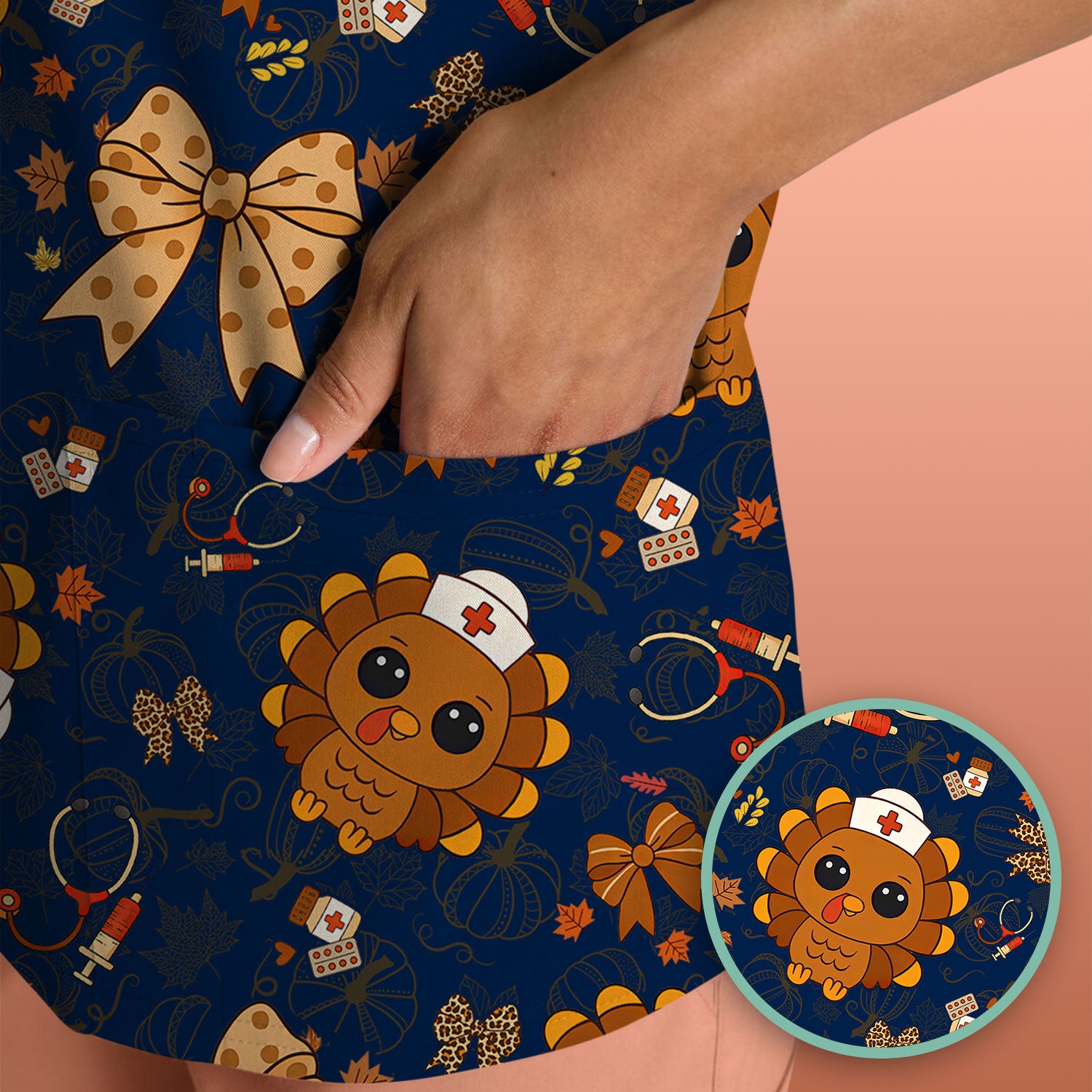 Thanksgiving Turkey Nurse Scrub Top for Women - Cute Fall Leaves and Bow Shirt - Autumn Medical Shirt Gift for RN CNA LPN Doctor