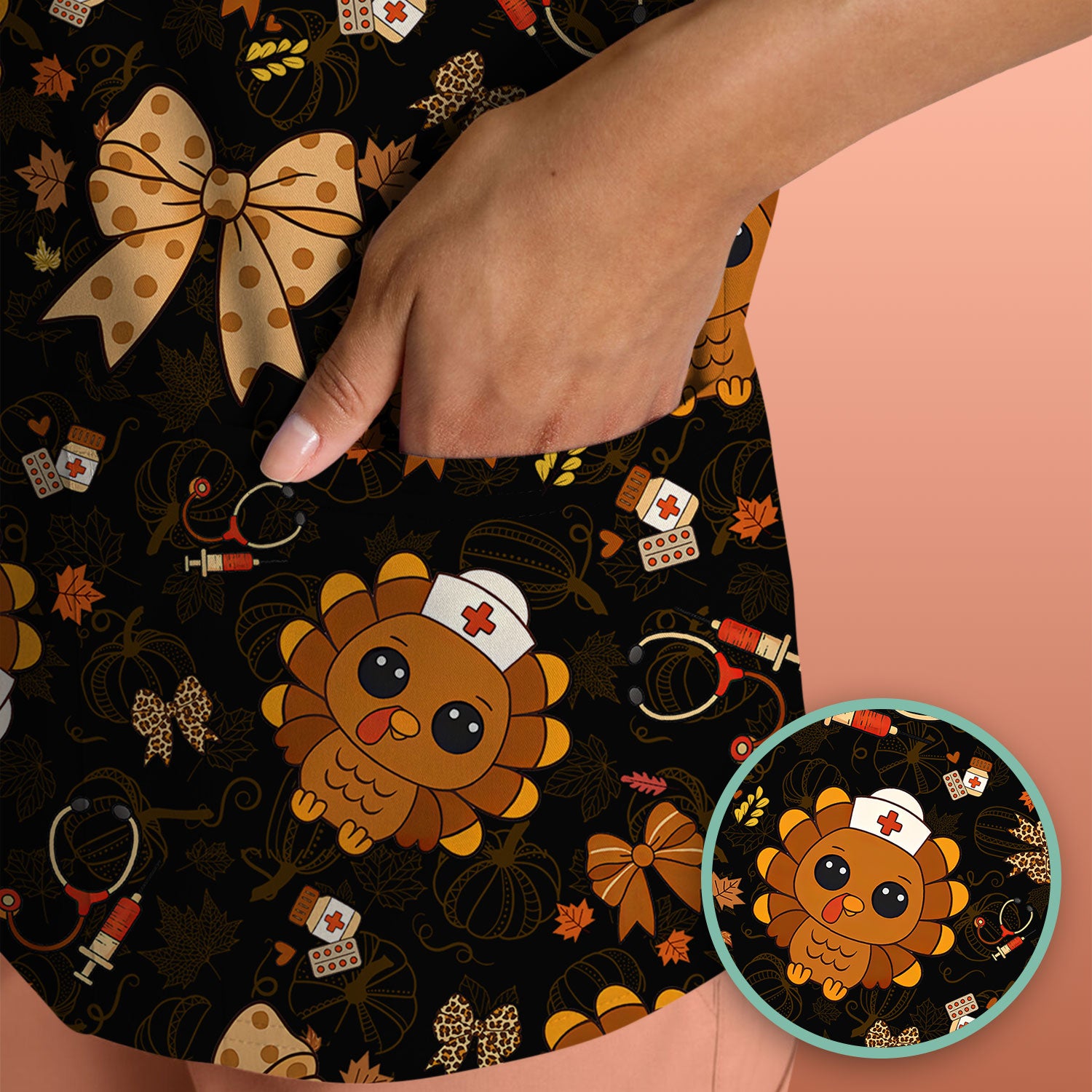 Thanksgiving Turkey Scrub for Nurses - Breathable Fabrics Nursing Uniform - Autumn Med Shirt Gift for Women