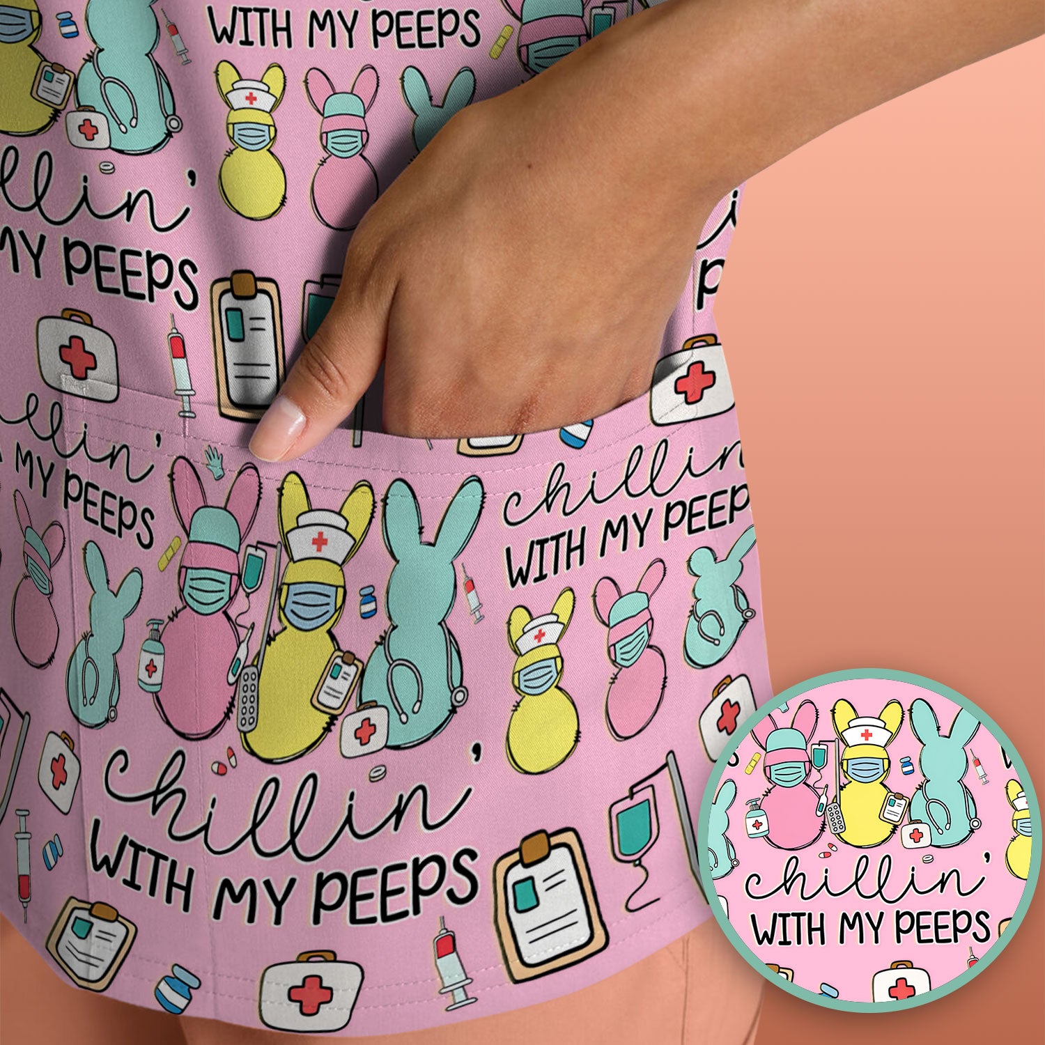 Cute Bunny Nurse Chillin With My Peeps Scrub Top, Comfortable Scrubs for Nurses, Easter