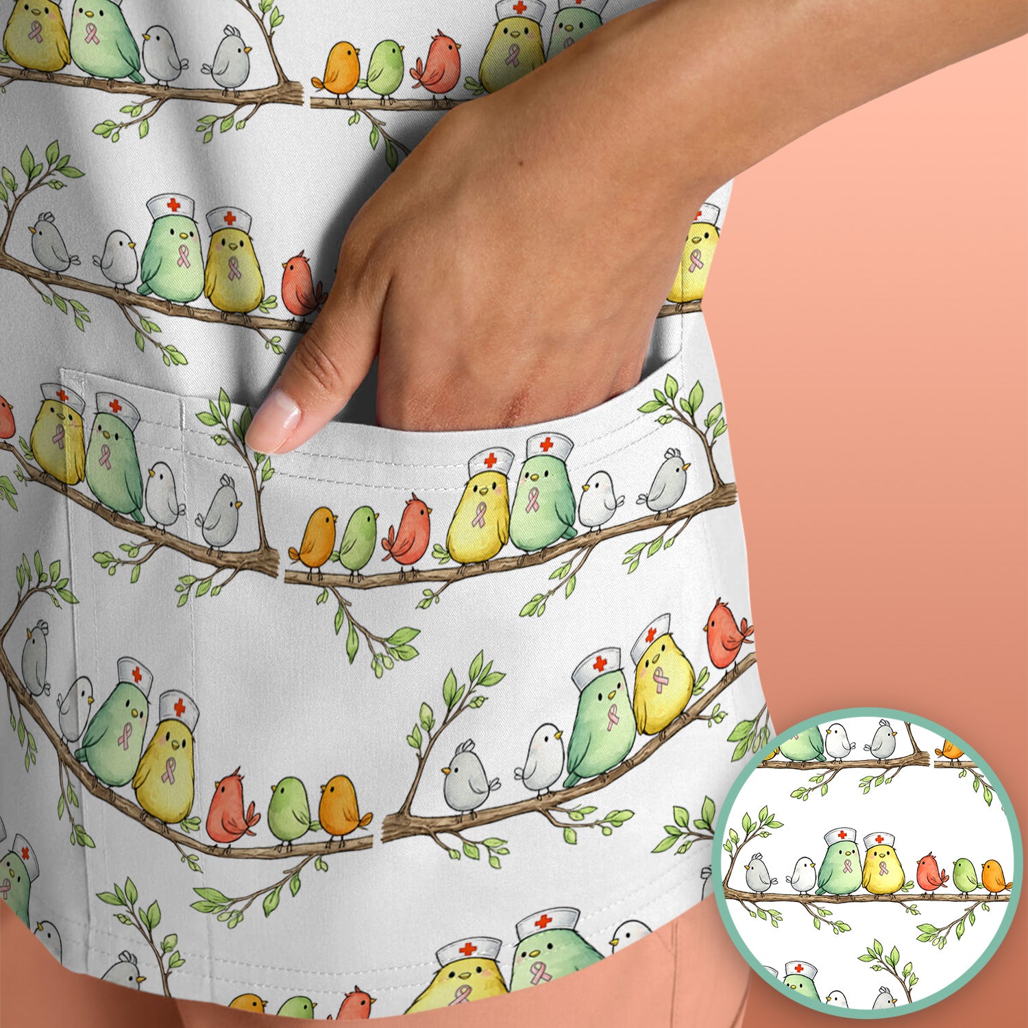 Cute Pink Ribbon Birds Scrub Top, Comfortable Scrubs for Nurses