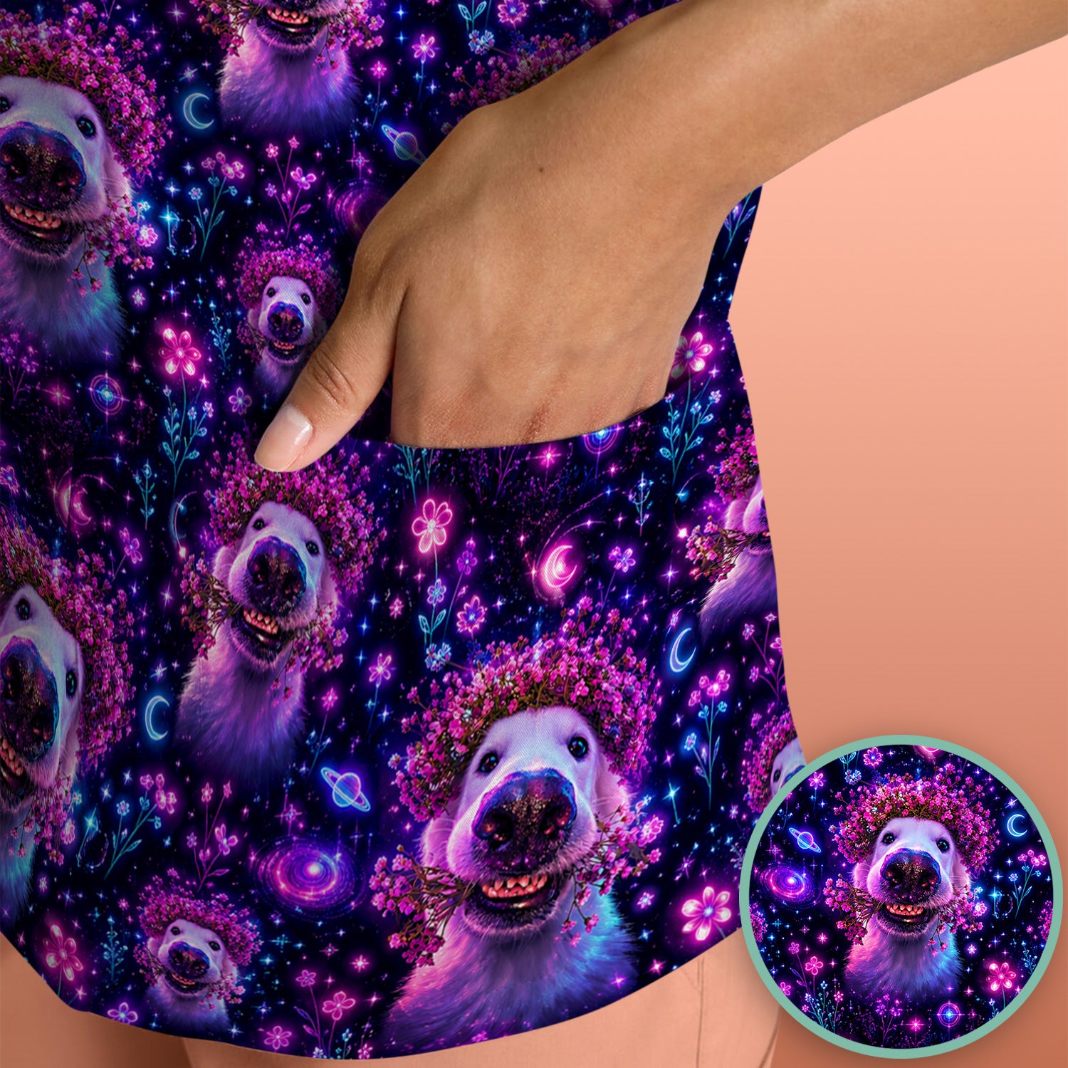 Galaxy Golden Retriever Nurse Scrub Top for RN, CNA, Veterinary Staff, Dog Lover Uniform