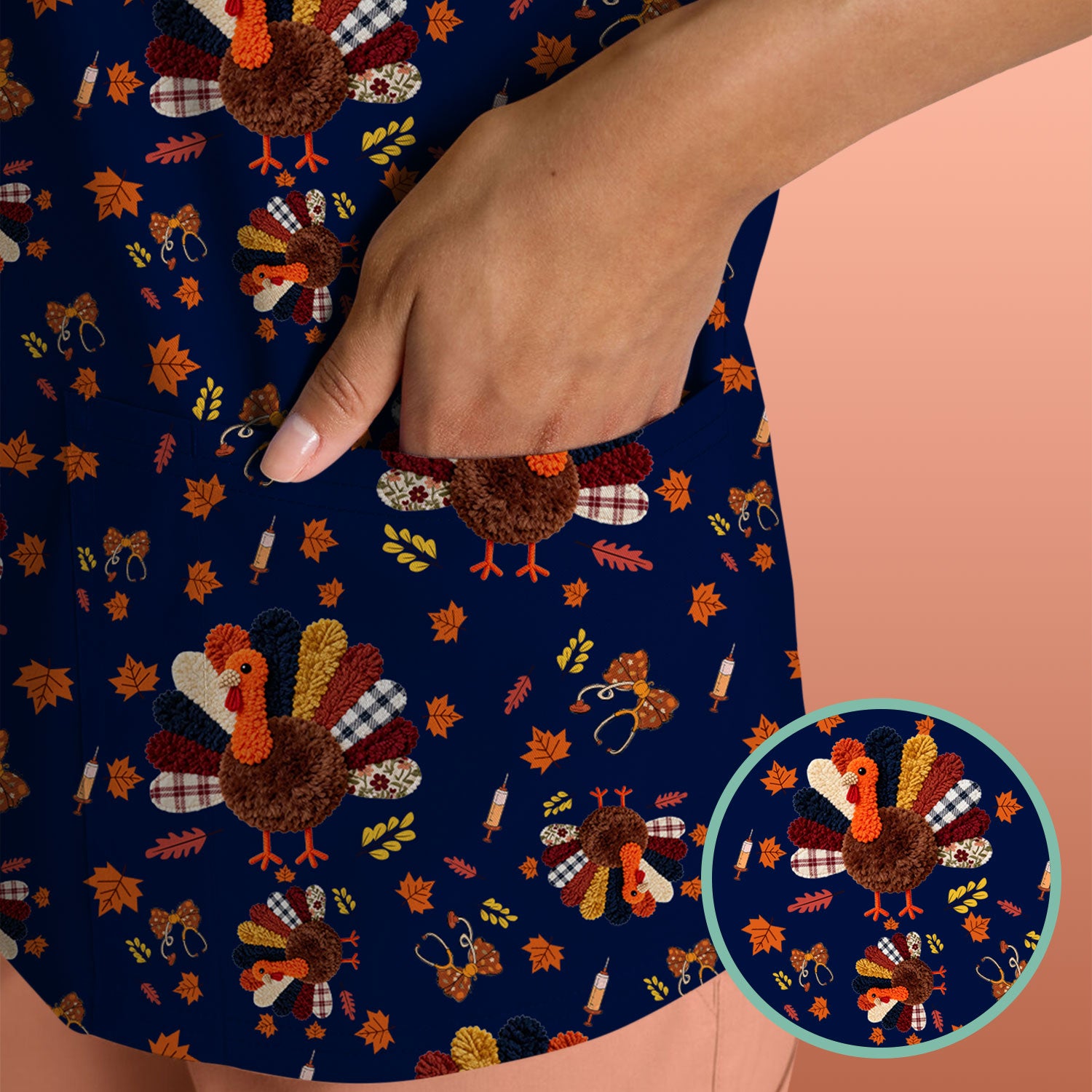 Funny Thanksgiving Nurse Scrub Top - Fall Leaves and Pumpkin Shirt - Autumn Turkey Med Uniform Gift for RN CNA LPN