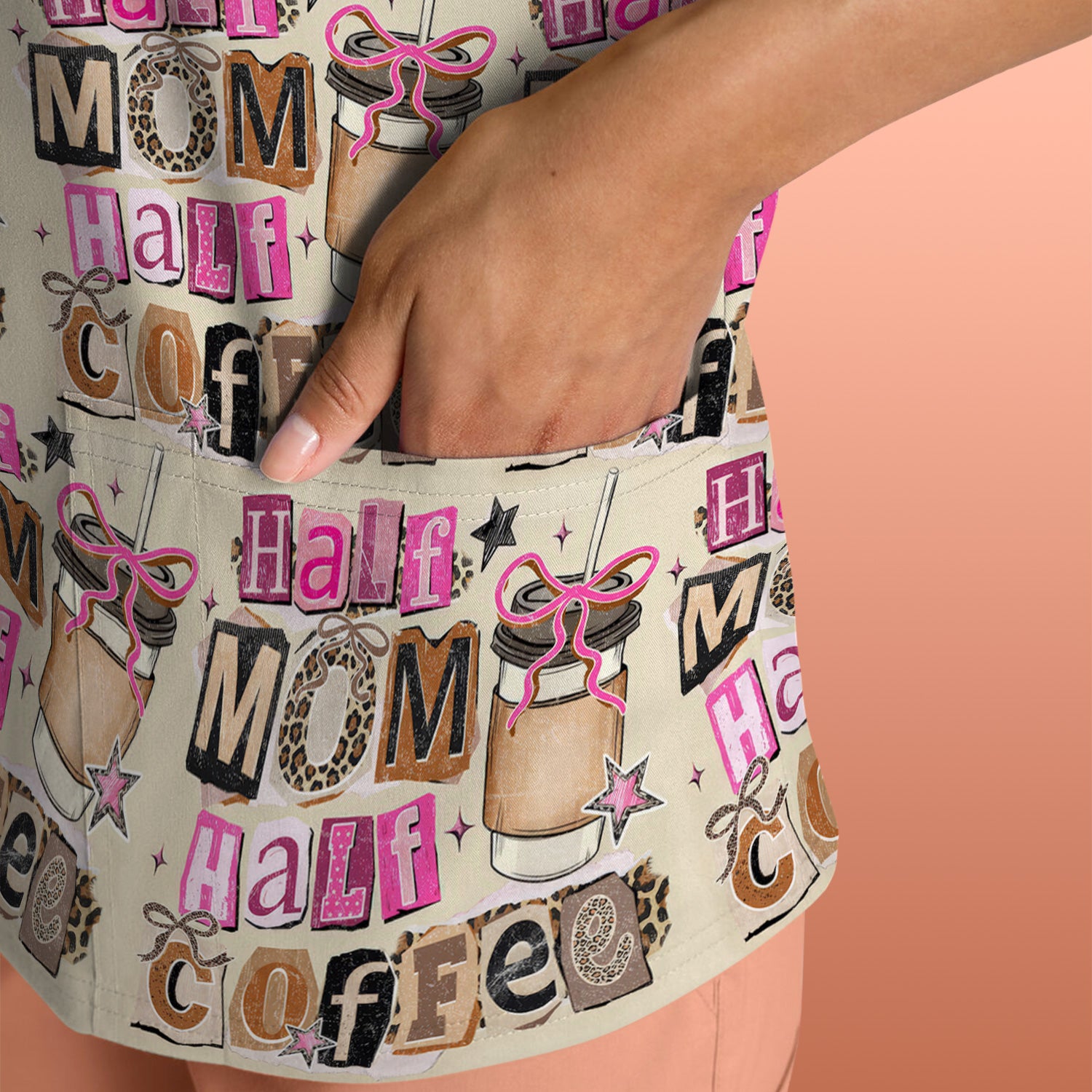 Half Mom Half Coffee Print Scrub Top, Caffeine Lover Nursing Uniform for Women