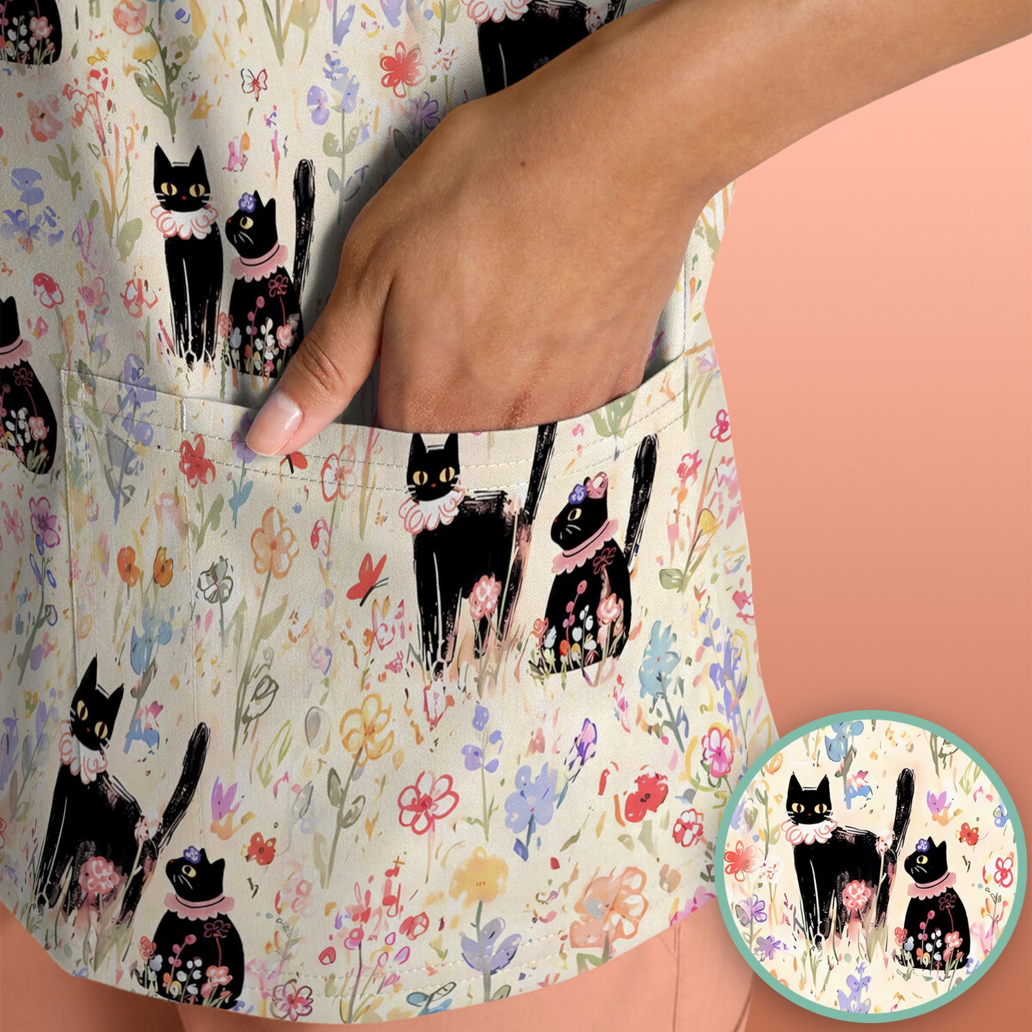 Cute Black Cats Wildflower Garden Pattern Scrub Top, Comfortable Scrubs for Nurses