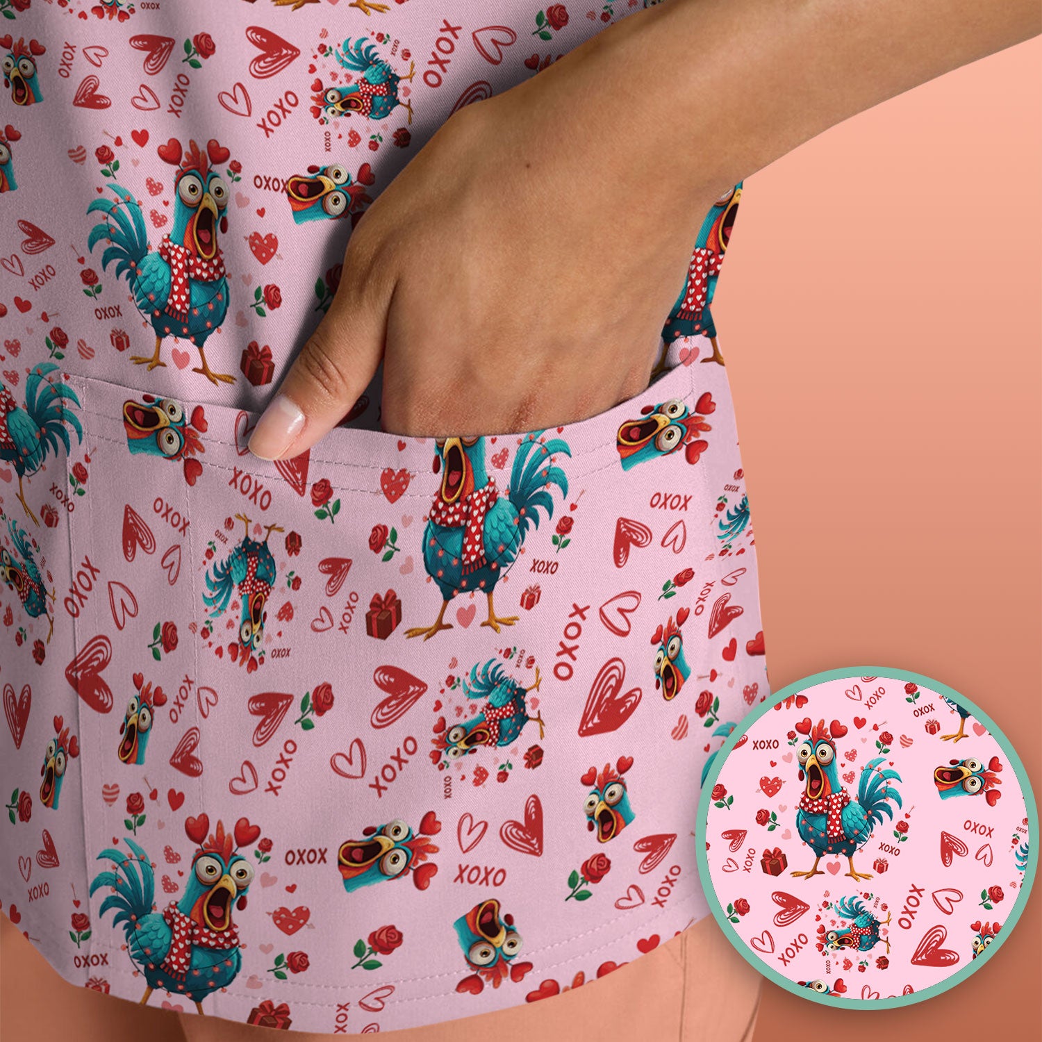 Funny Rooster Valentine Scrub Top, Cute Chicken XOXO Heart Pattern Nurse Shirt, Breathable Fabrics Nursing Uniform