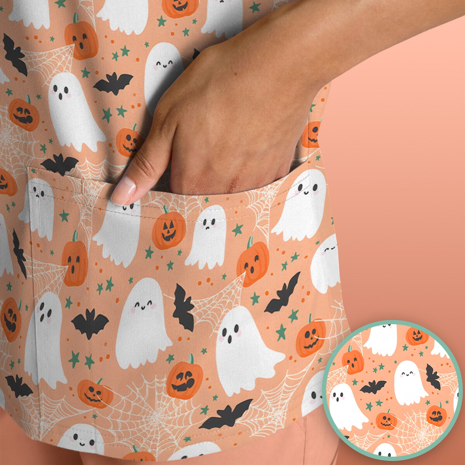 Cute Halloween Ghost And Pumpkin Scrub Top, Comfortable Scrubs for Nurses