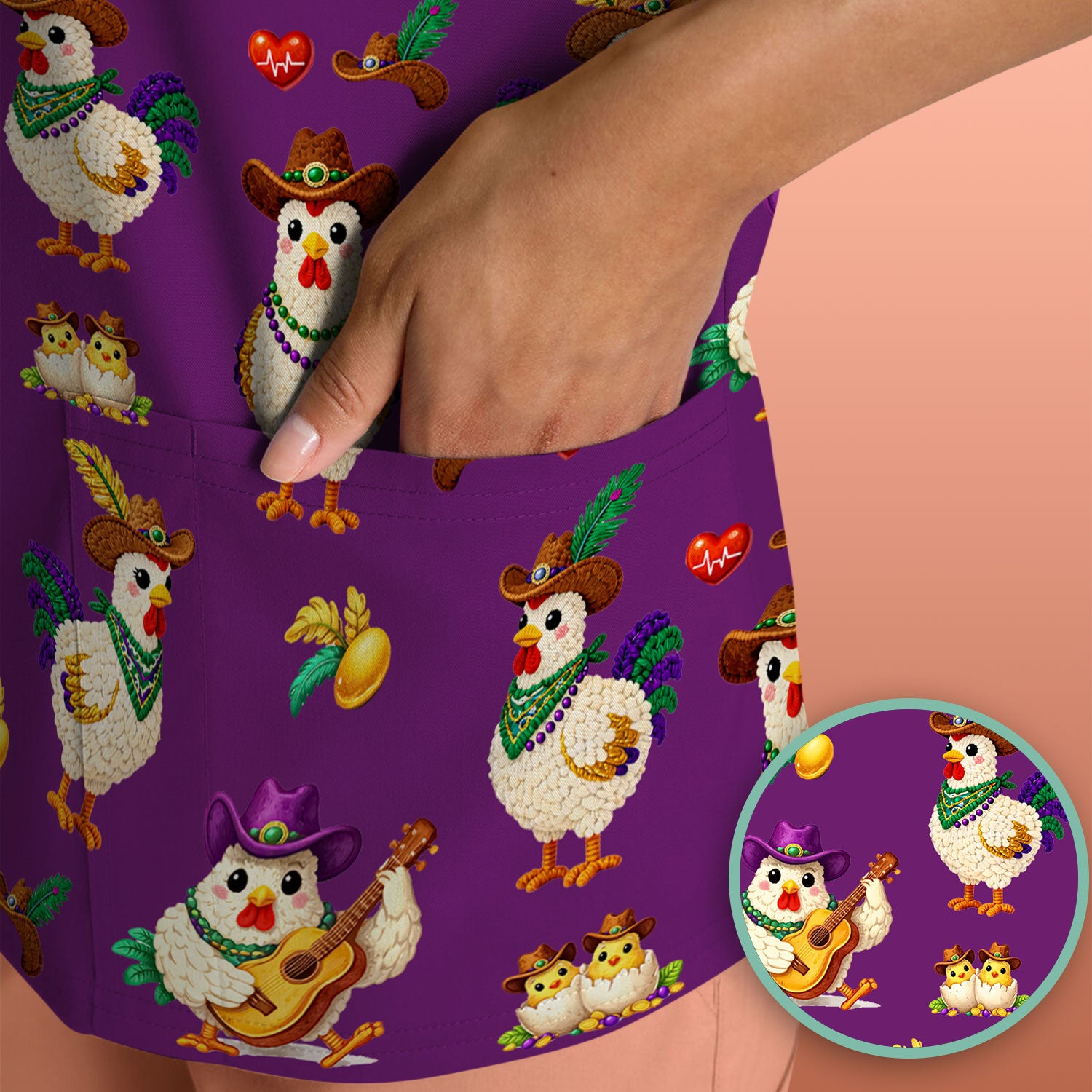Funny Mardi Gras Rooster Cowboy Print Scrub Top, Comfortable Scrubs for Nurses