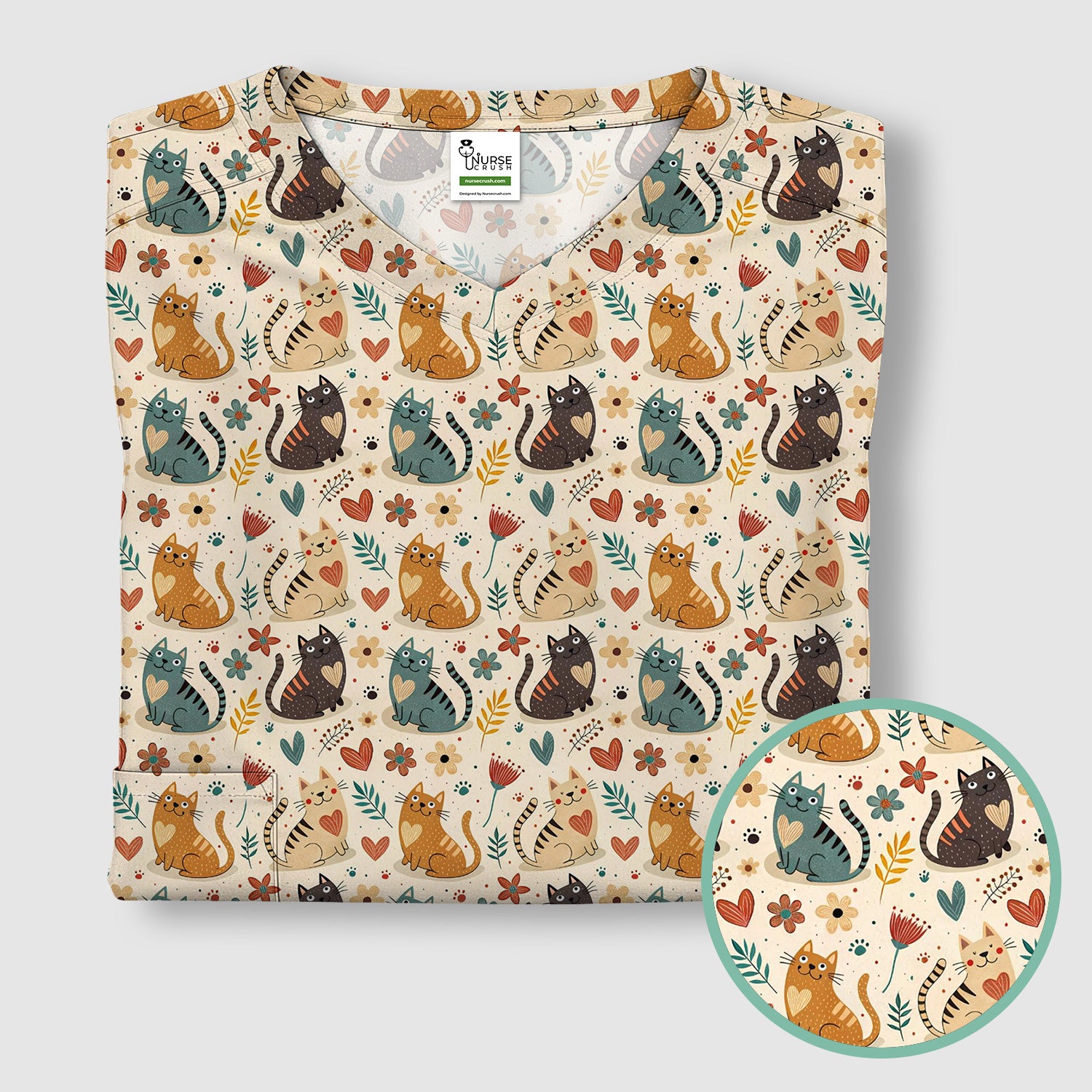 Cute Cat Print V Neck Scrub Top for Nurses, Floral Medical Uniform