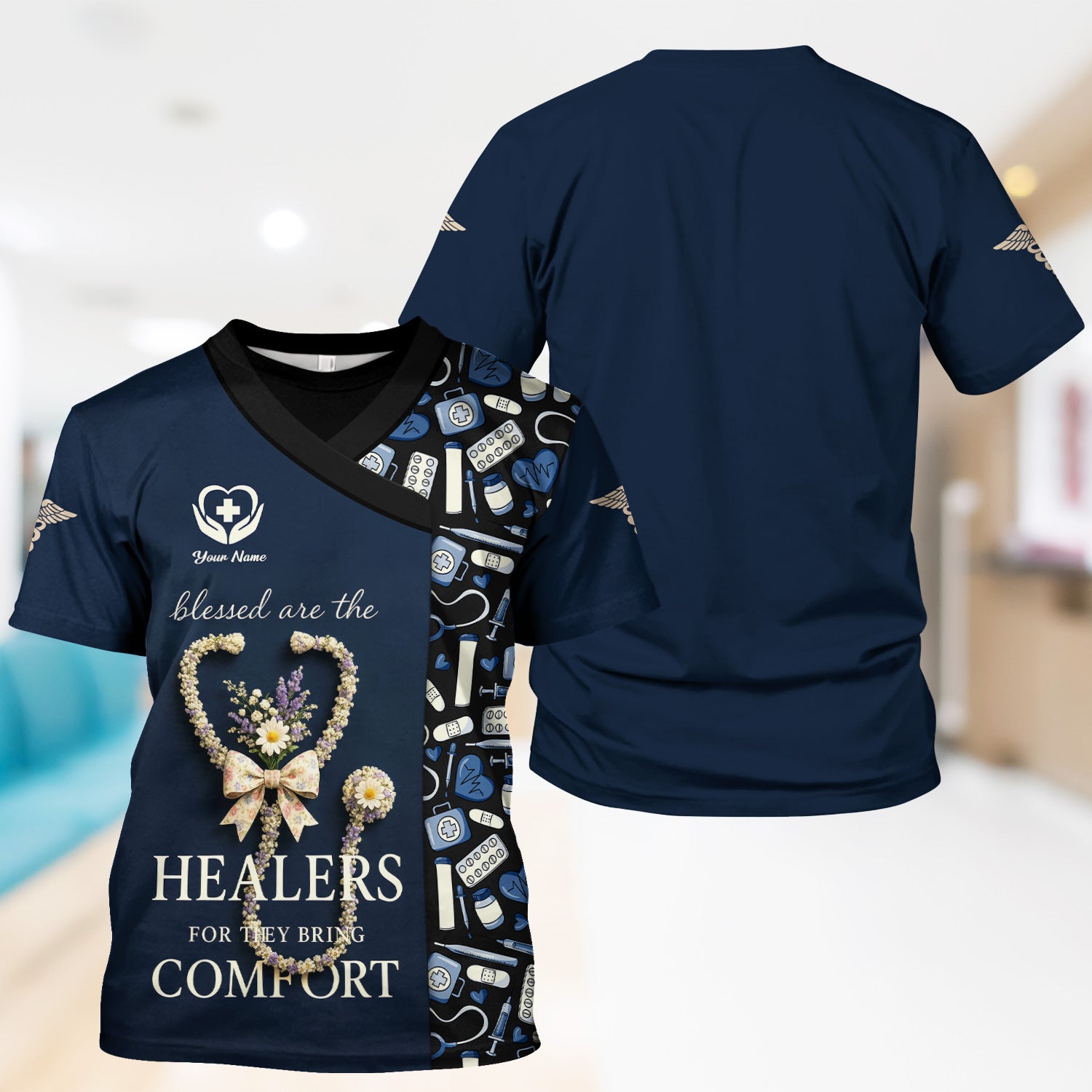 Personalized Blessed Healer Scrubs for Women RN CNA LPN - Floral Heart Stethoscope Design with Inspirational Quote - Custom Name Gift for Healthcare Workers & Nurses