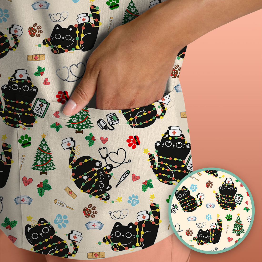 Funny Black Cat Christmas Scrub Top – Cute Holiday Kitty Pattern – Festive Medical Uniform for Nurses, Vets, and Cat Lovers