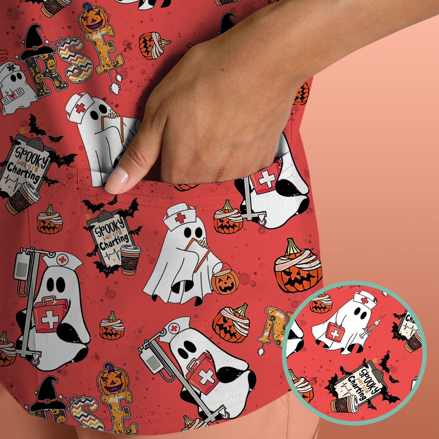 Halloween Scrub Top - Spooky But Still Charting - Funny Scrubs for Nurses - Horror Pumpkin Nursing Uniform