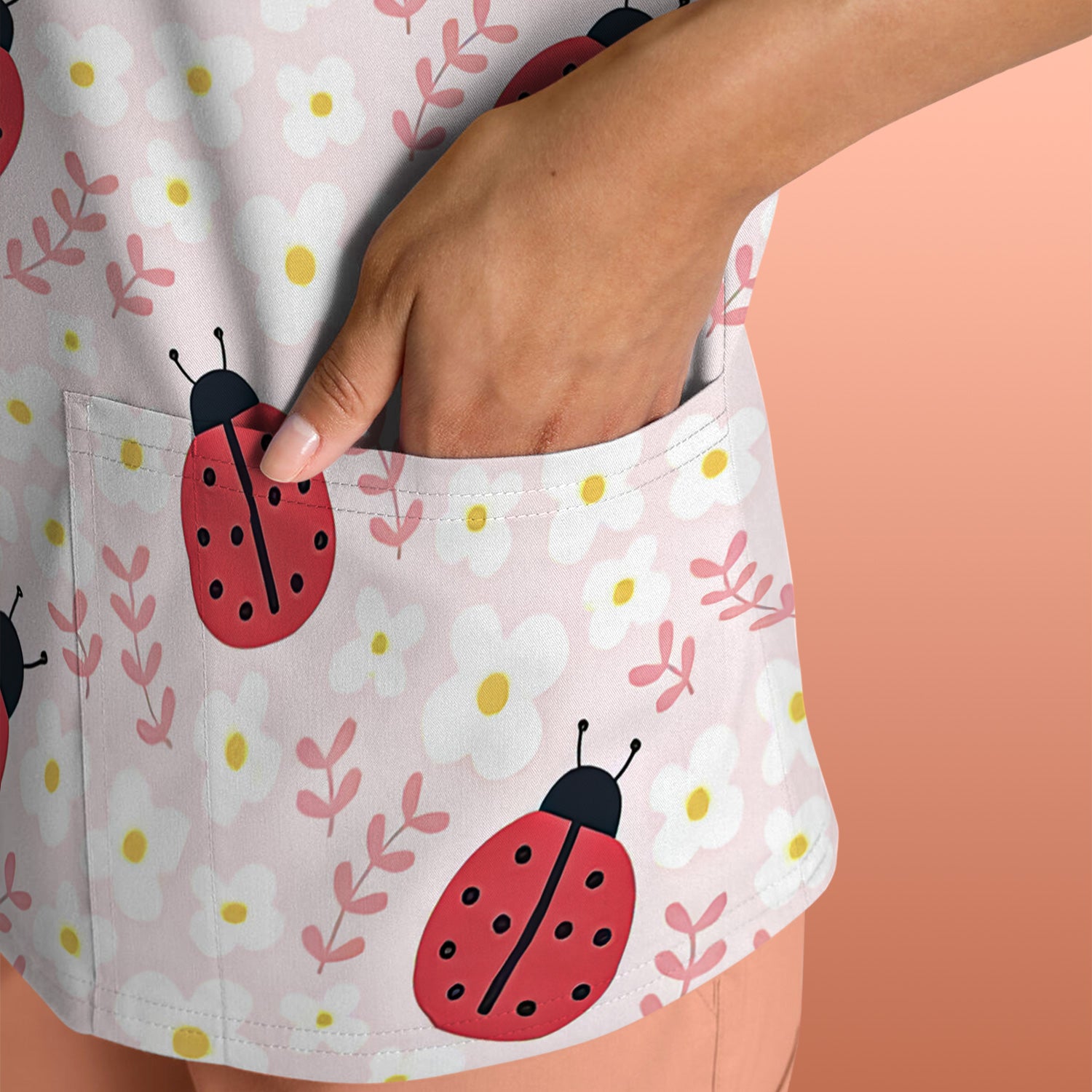 Lovely Ladybug Blossom Garden Print Scrub Top, Breathable Fabrics Nursing Uniform