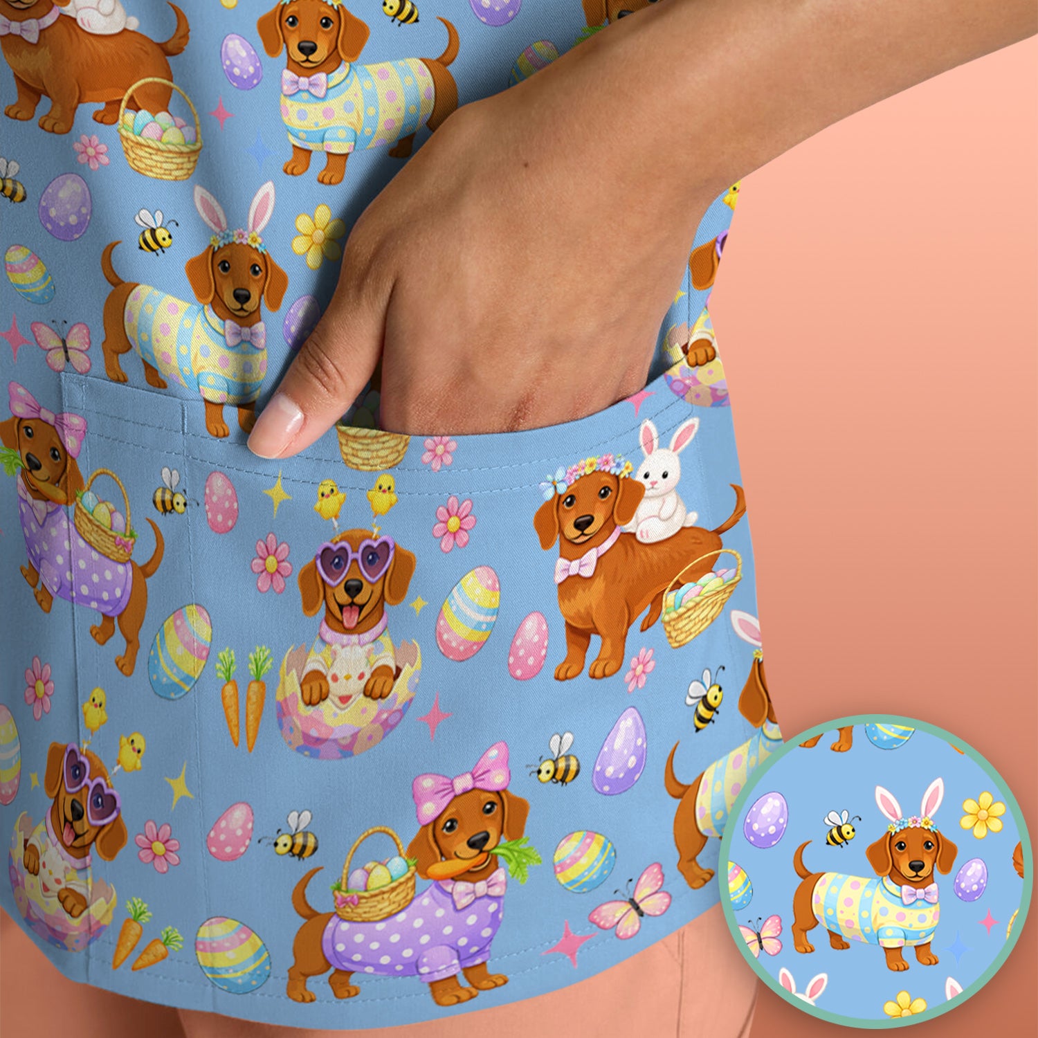 Cute Easter Dachshund Dog Pattern Scrub Top, Breathable Healthcare Uniform Top