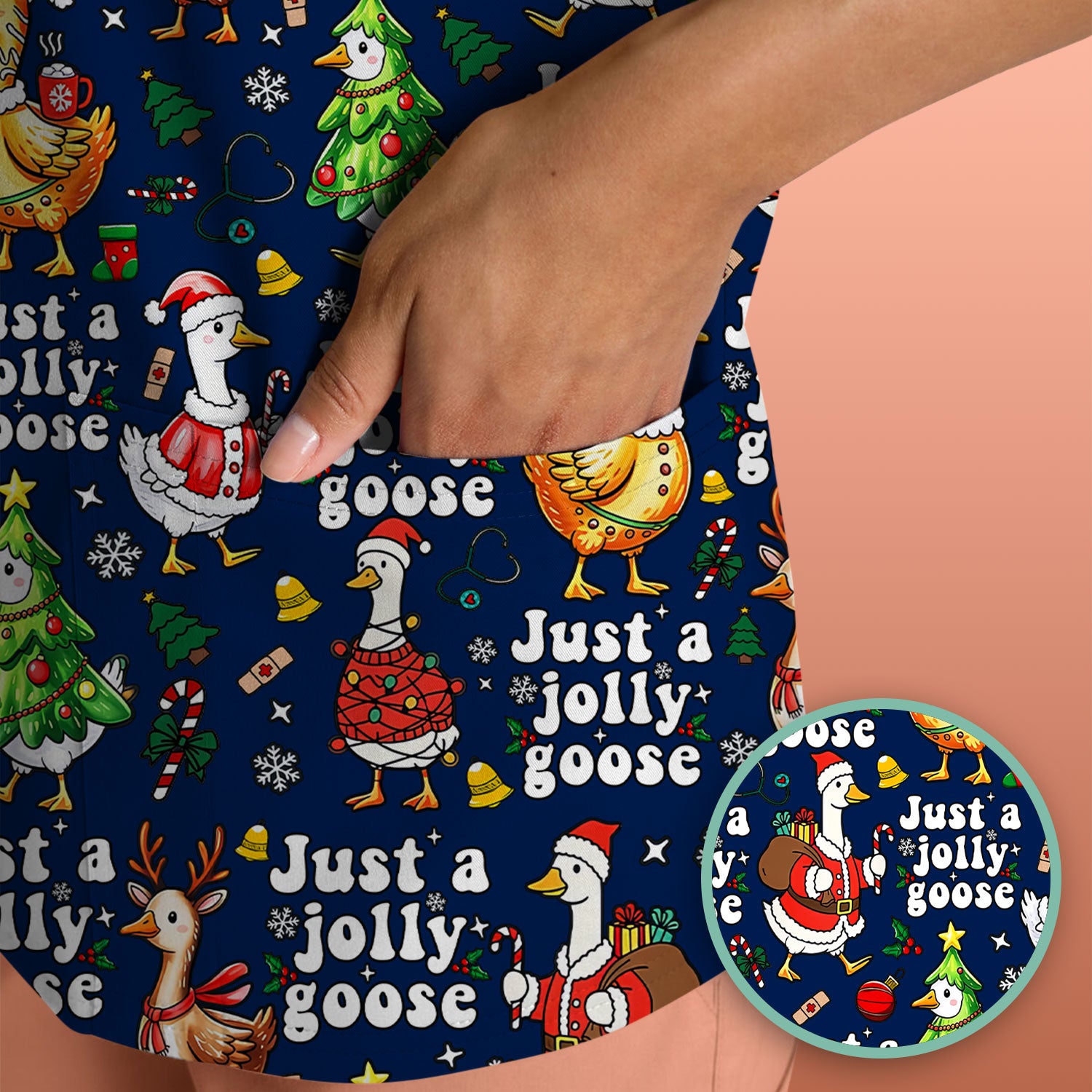 Just a Jolly Goose Funny Christmas Scrub Top - Holiday Medical Uniform for Nurse - Santa Goose Shirt Gift for Women