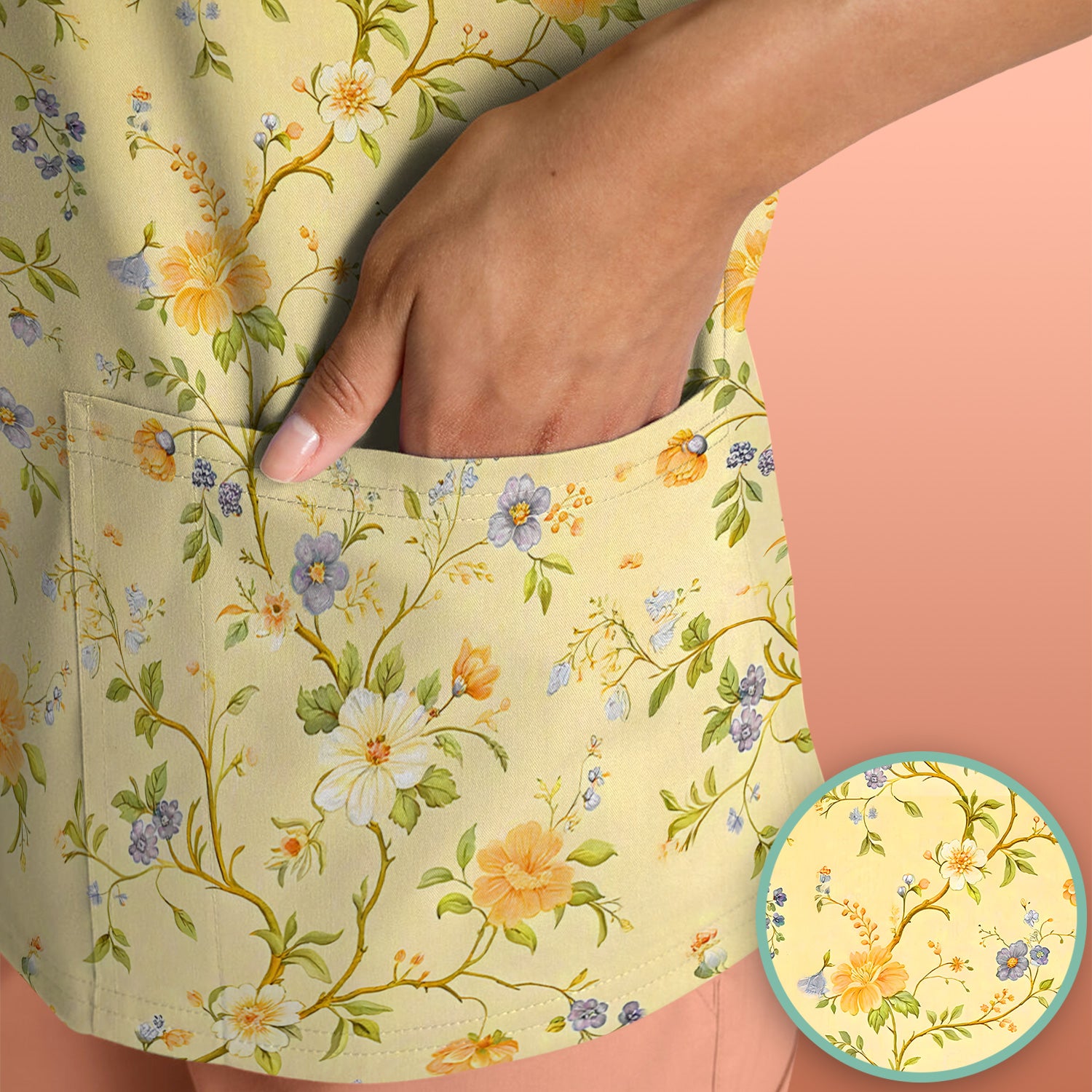Sunny Wildflower Garden Floral Scrub Top, Comfortable Scrubs for Nurses