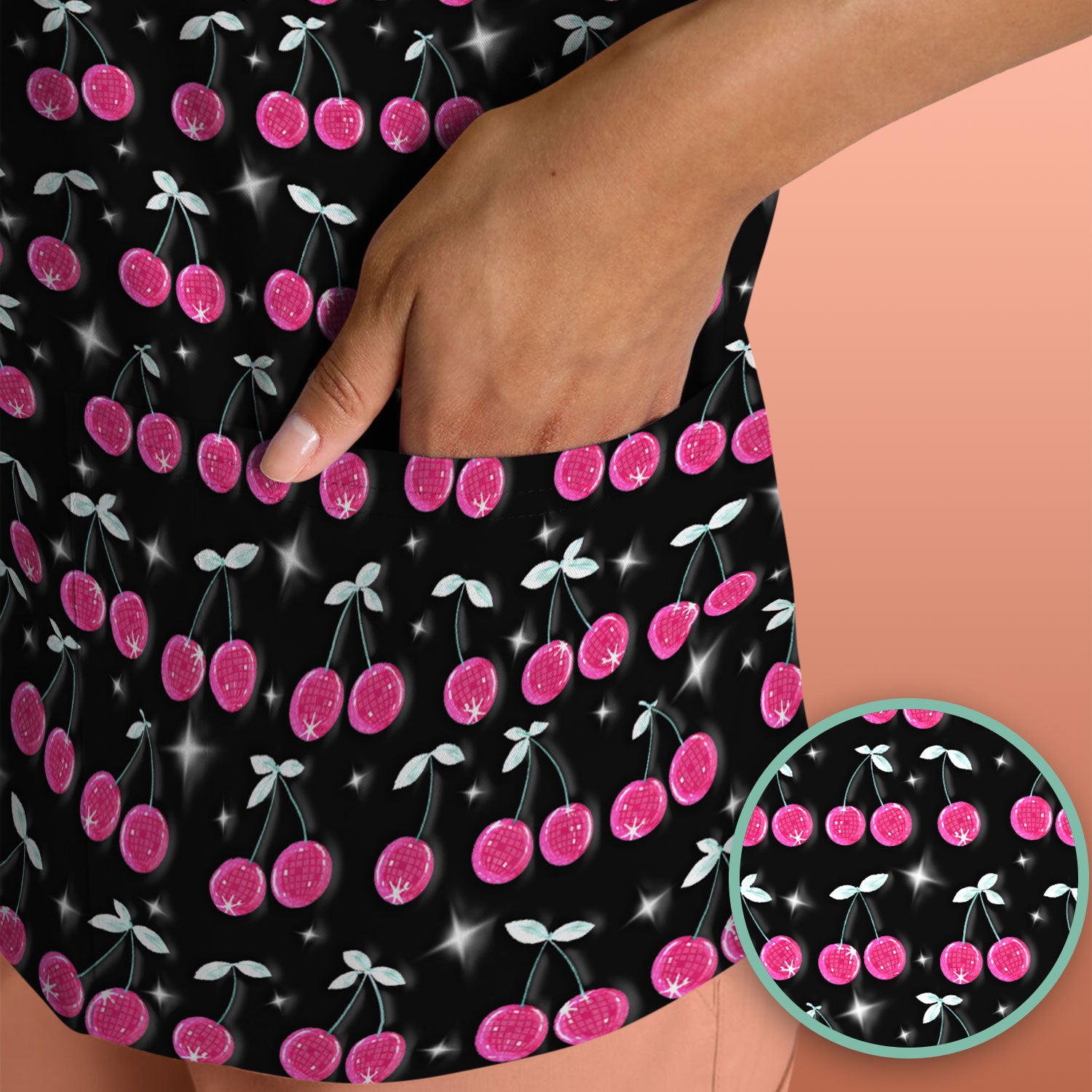 Pink Cherry Sparkle Print Scrub Top, Comfortable Scrubs for Nurses