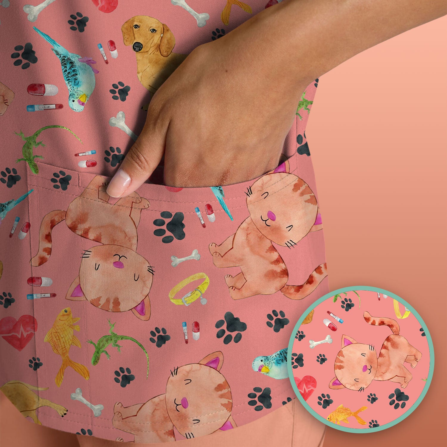 Cute Cat Dog Scrub Top - Animal Lover Medical Uniform - Funny Veterinary Nurse Shirt for Women RN CNA LPN