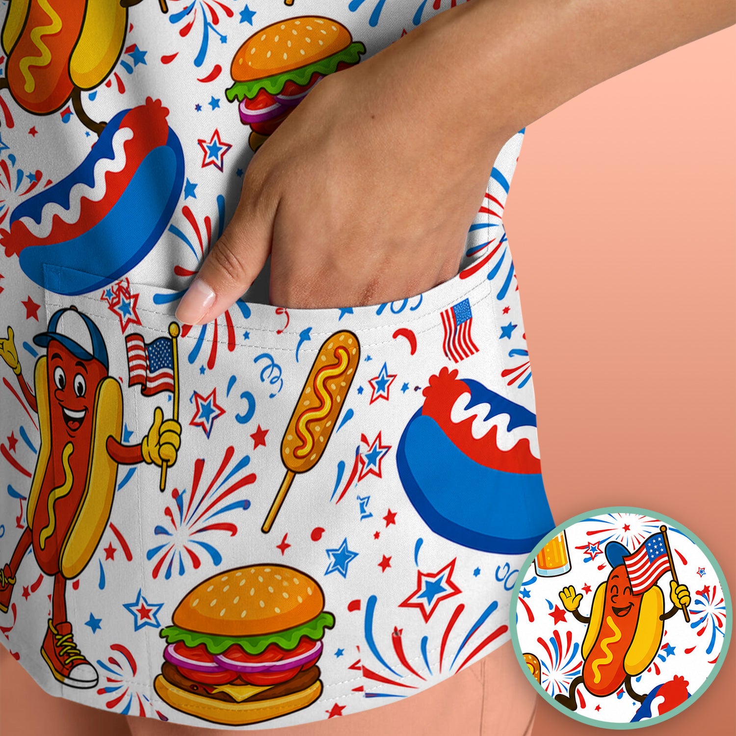 Patriotic Hot Dog Burger Fireworks Scrub Top, Comfortable Scrubs for Nurses