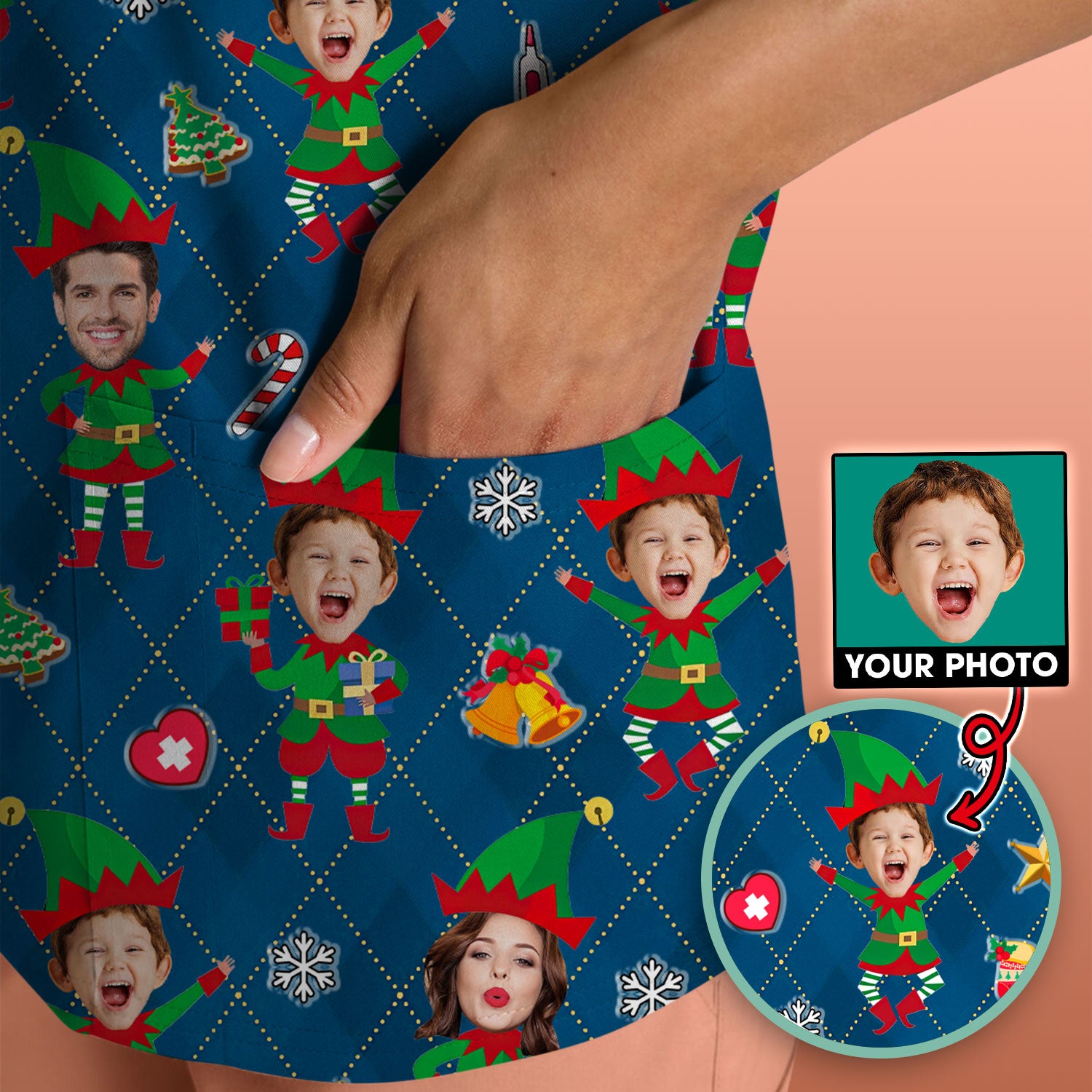 Personalized Face Nurse Shirt, Custom Photo Christmas Scrub Top, Funny Holiday Medical Uniform For Nursing