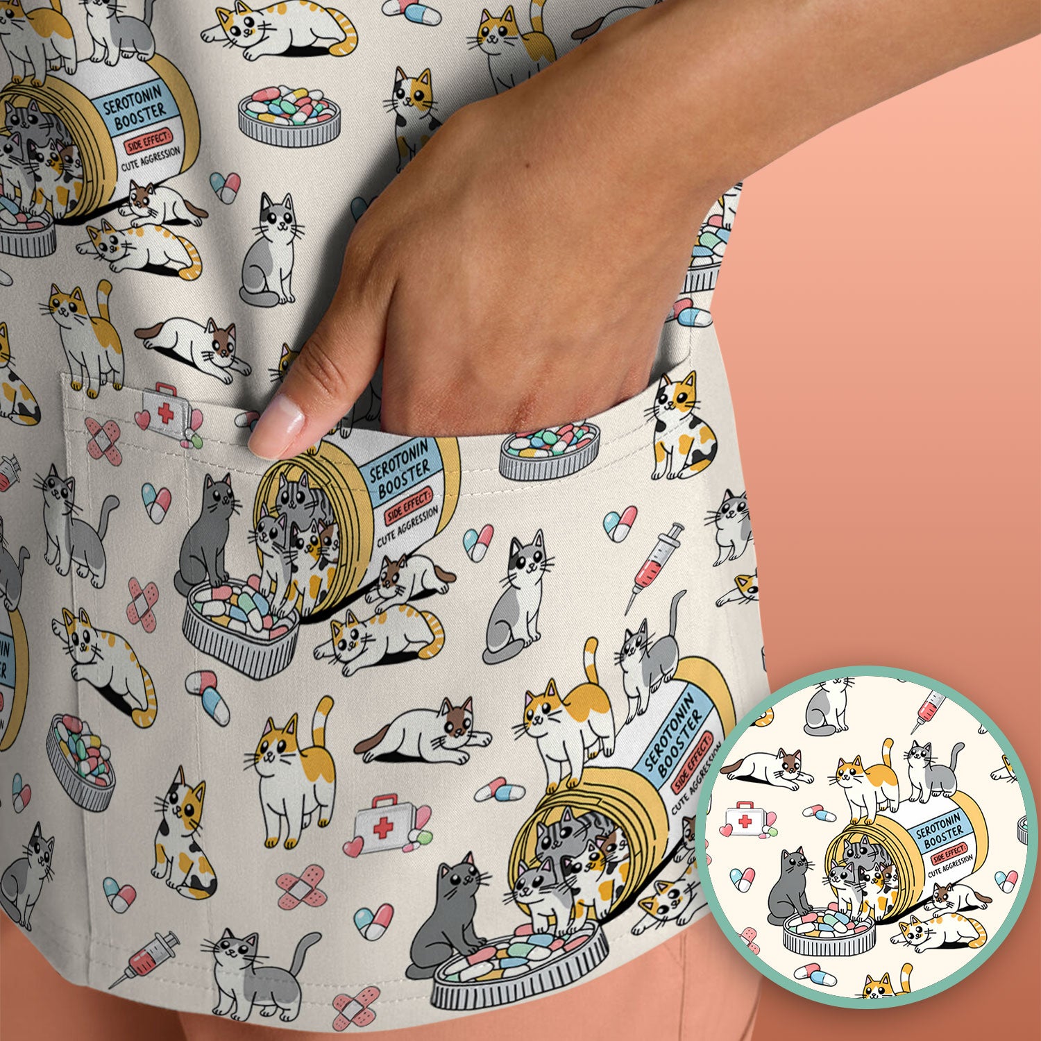 Cute Cat Serotonin Booster Pattern Scrub Top, Comfortable Scrubs for Nurses