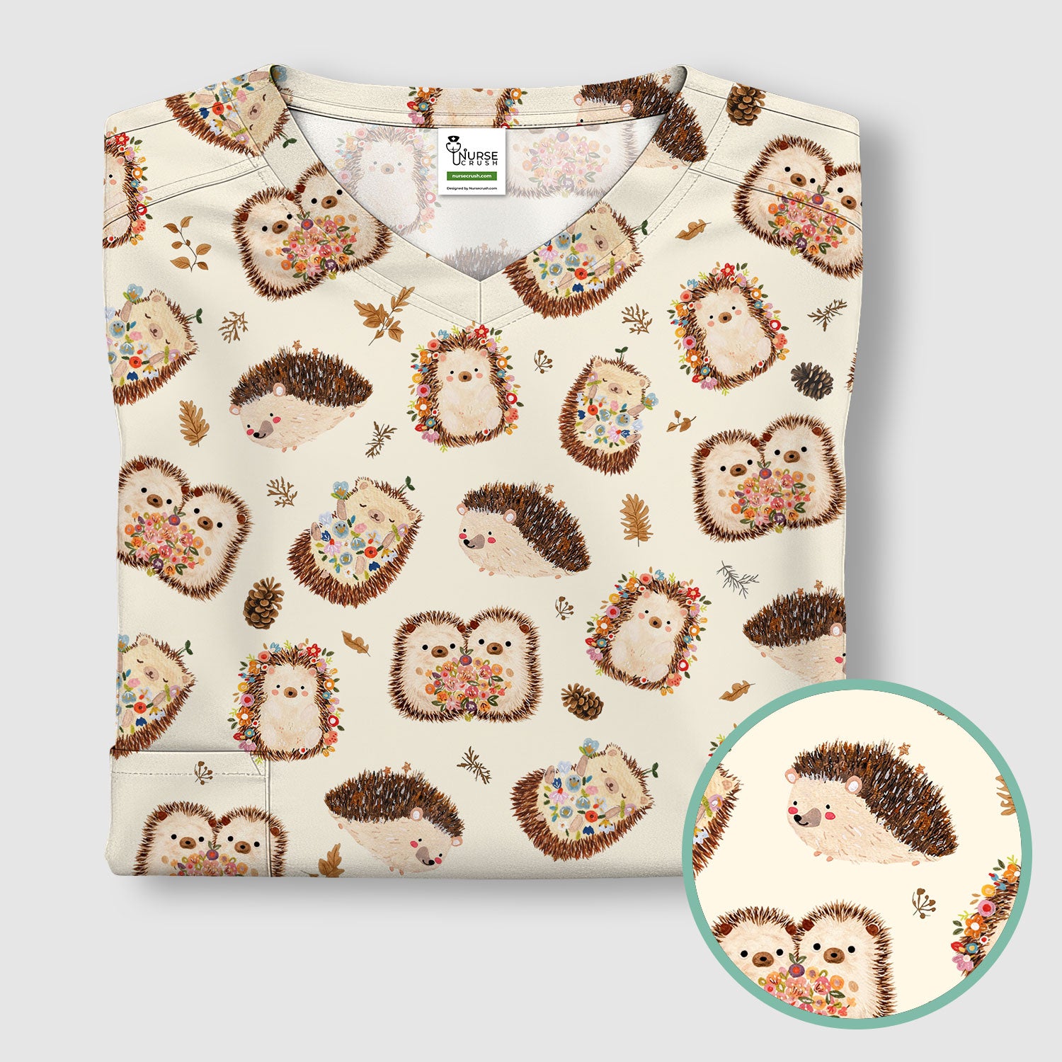 Cute Hedgehog Floral Scrub Top, Breathable Fabrics Nursing Uniform