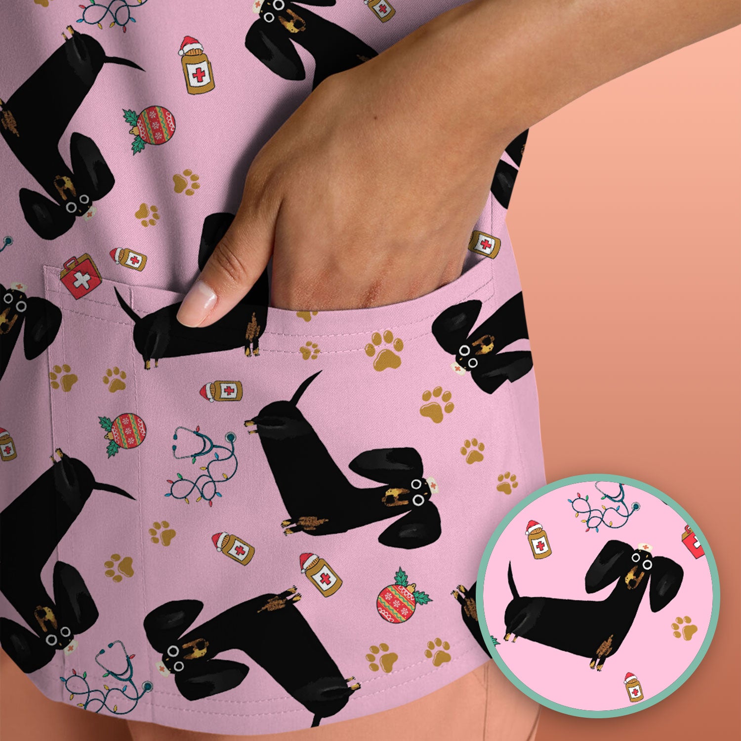 Funny Black Dachshund Scrub Top for Nurses - Cute Wiener Dog Medical Shirt - Puppy Lover Nursing Gift for Women