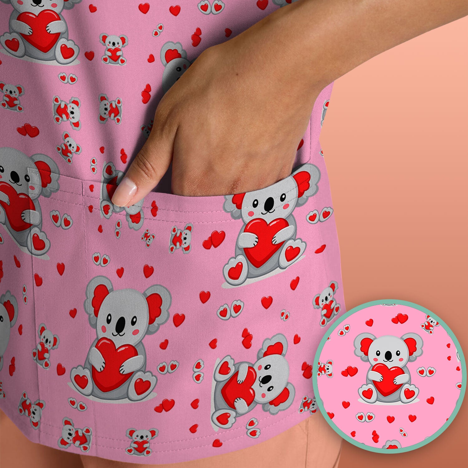 Valentine Cute Koala Heart Pattern Nurse Shirt, Comfortable Scrubs for Nurses
