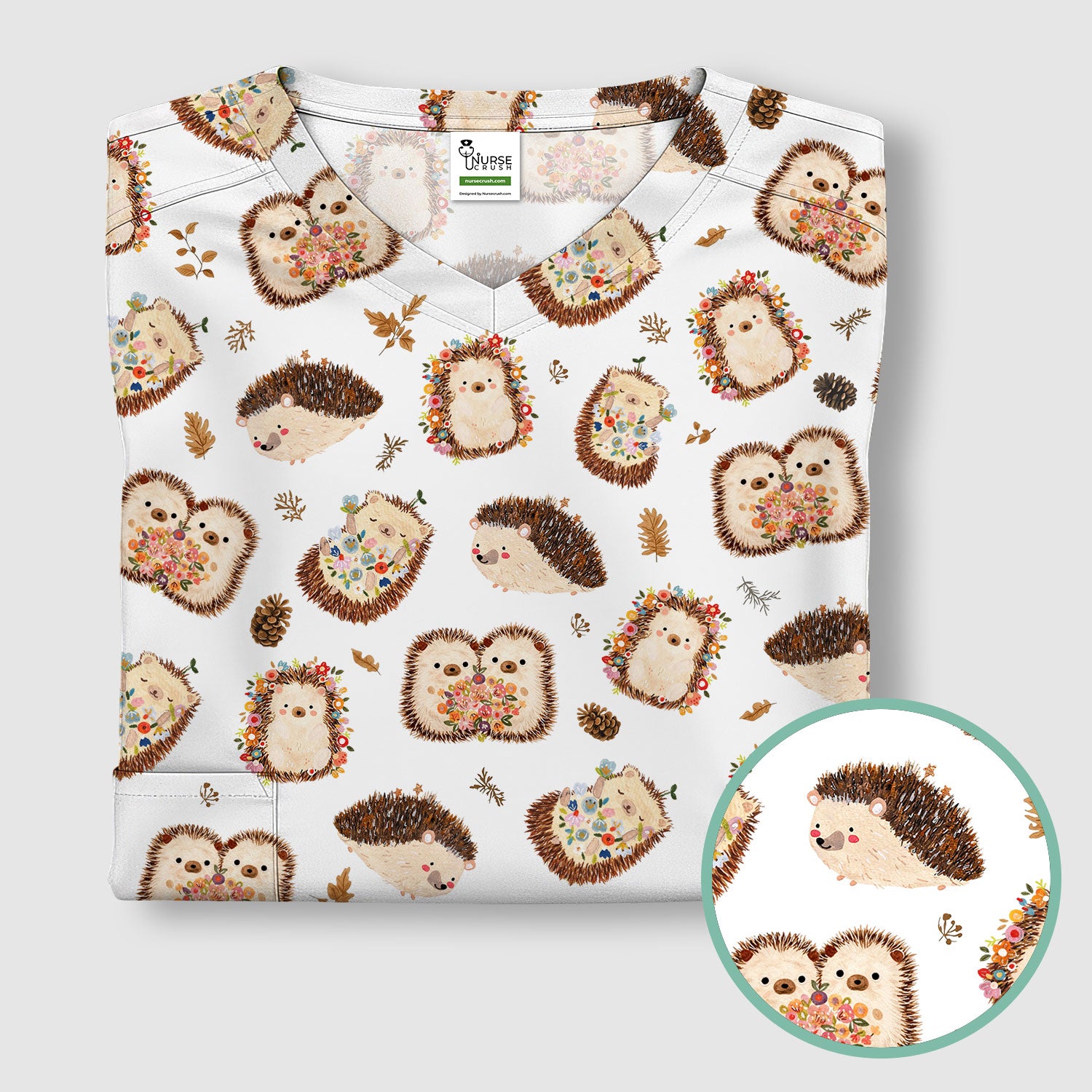 Cute Hedgehog Floral Scrub Top, Breathable Fabrics Nursing Uniform
