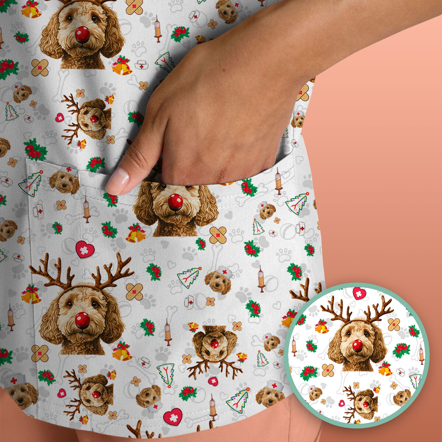 Christmas Labradoodle Scrub Top - Funny Reindeer Dog Nurse Shirt - Cute Holiday Medical Uniform for Women Healthcare Gift