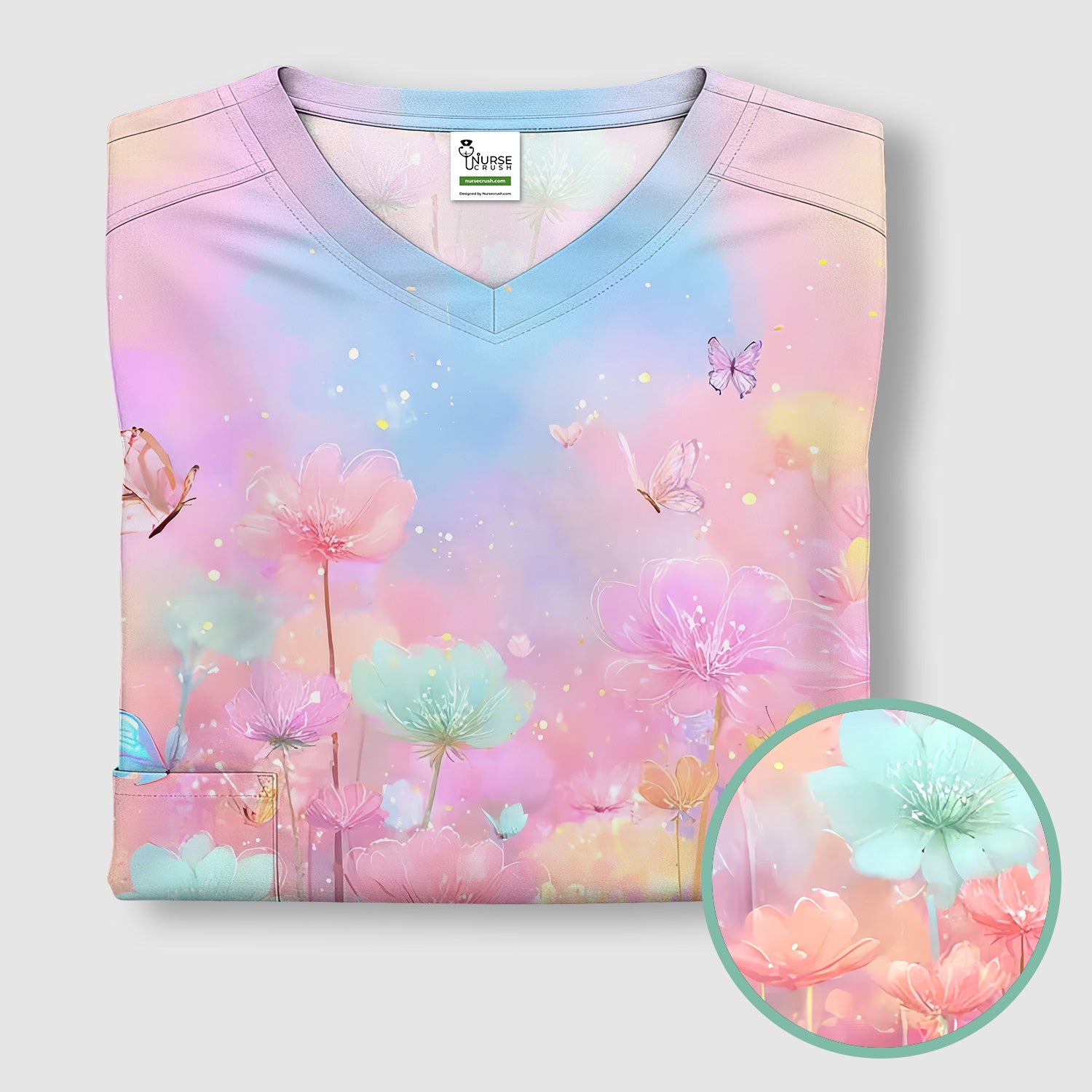 Dreamy Pastel Watercolor Floral Garden Scrub Top, Breathable Fabrics Nursing Uniform