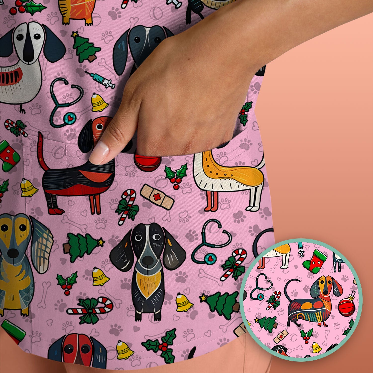 Christmas Wiener Dog Scrub Top - Funny Sausage Dog Nurse Shirt for Women - Holiday Medical Uniform