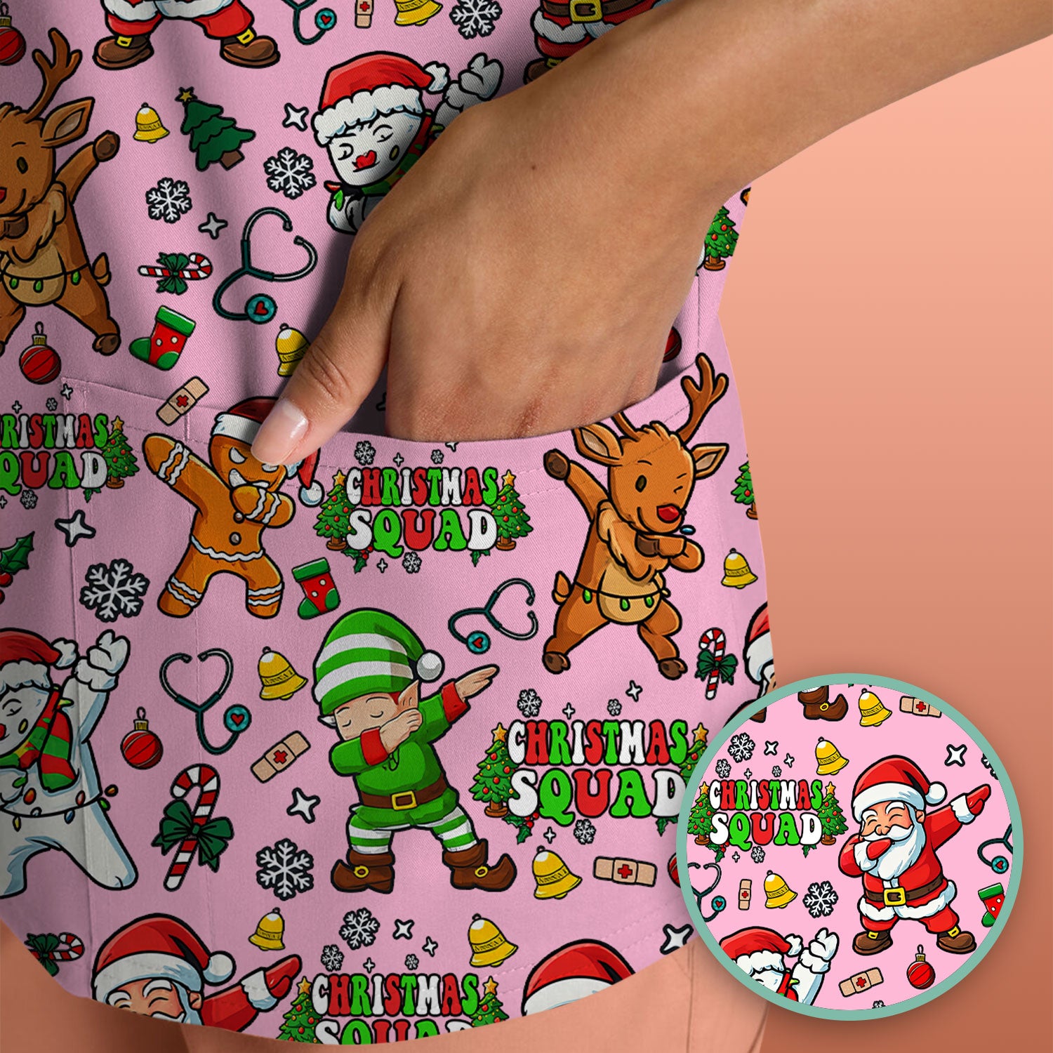 Christmas Squad Scrub Top - Dancing Santa, Reindeer & Elf Shirt - Funny Holiday Medical Uniform for Nurses, Doctors & Vet Techs