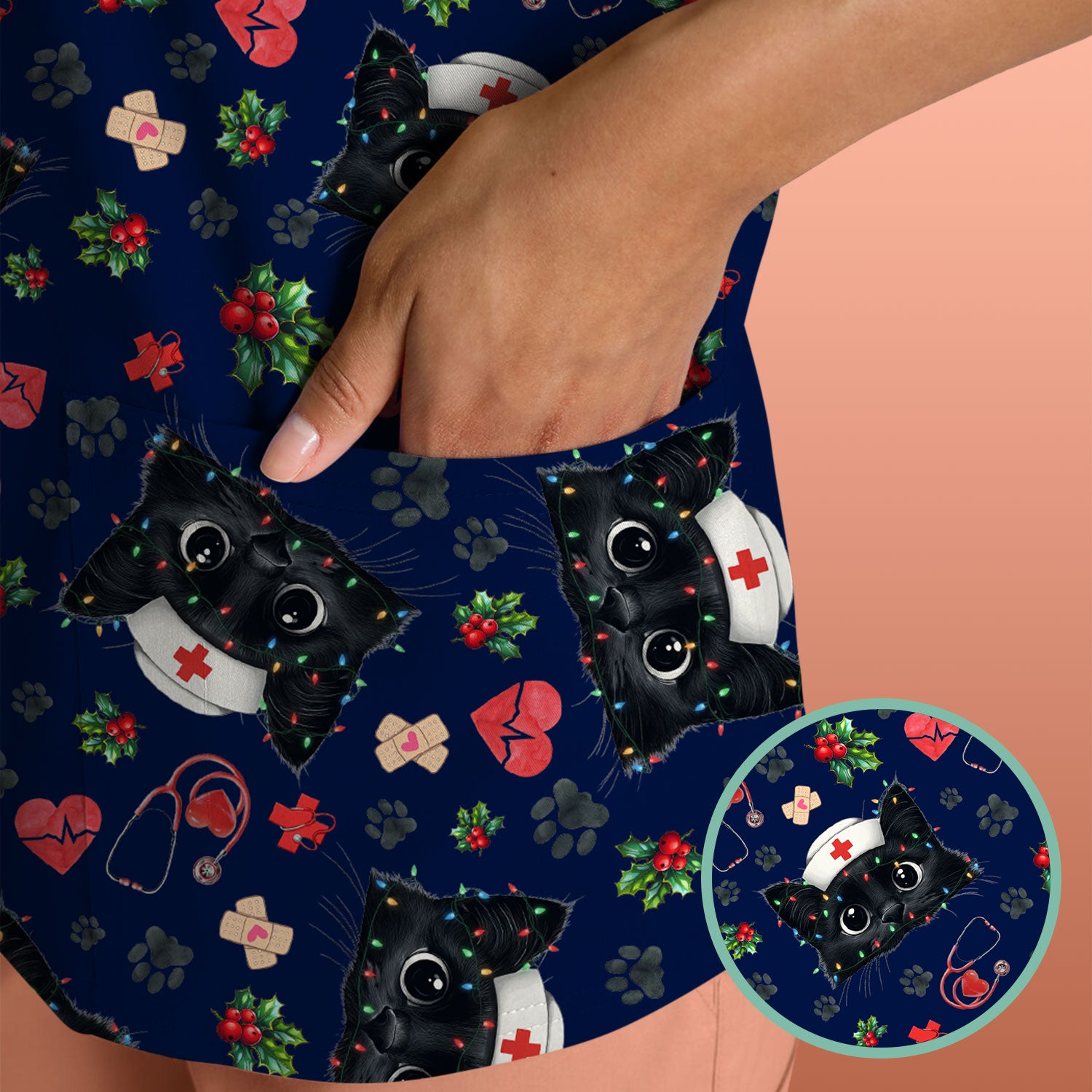 Funny Cats Scrub Top for Nurses - Black Kittens Christmas Medical Uniform - Jolly Holiday Gift for RN CNA LPN