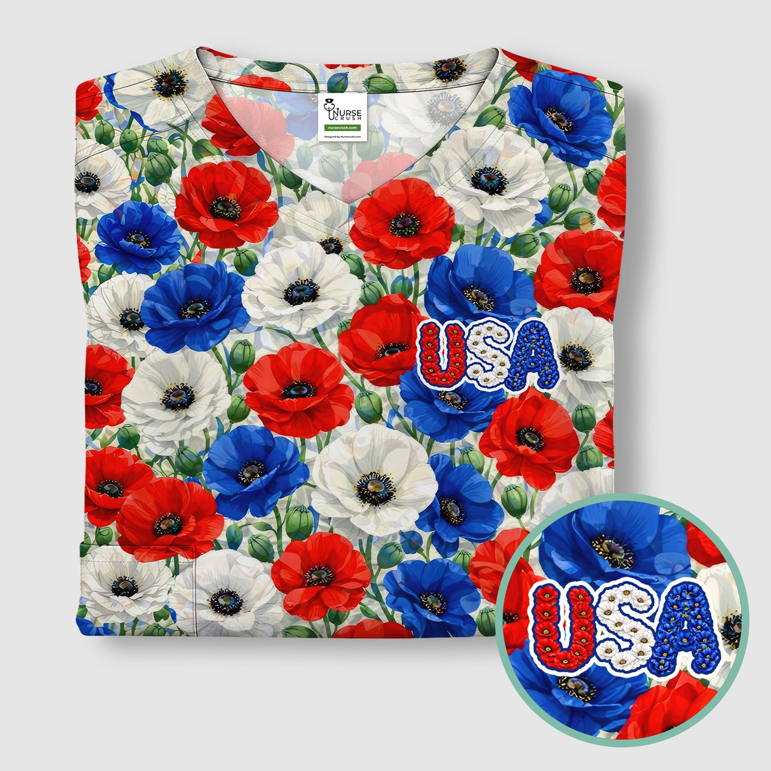 Festive Patriotic Red Blue Poppy Floral Pattern Scrub Top, Comfortable Scrubs for Nurses
