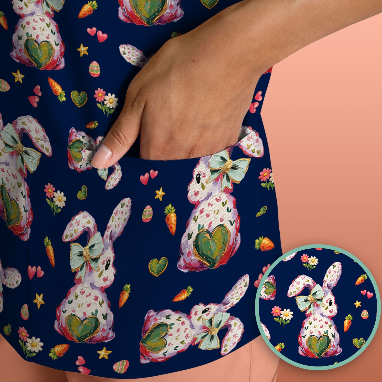 Cute Pastel Bunny Easter Pattern Scrub Top, Comfortable Scrubs for Nurses
