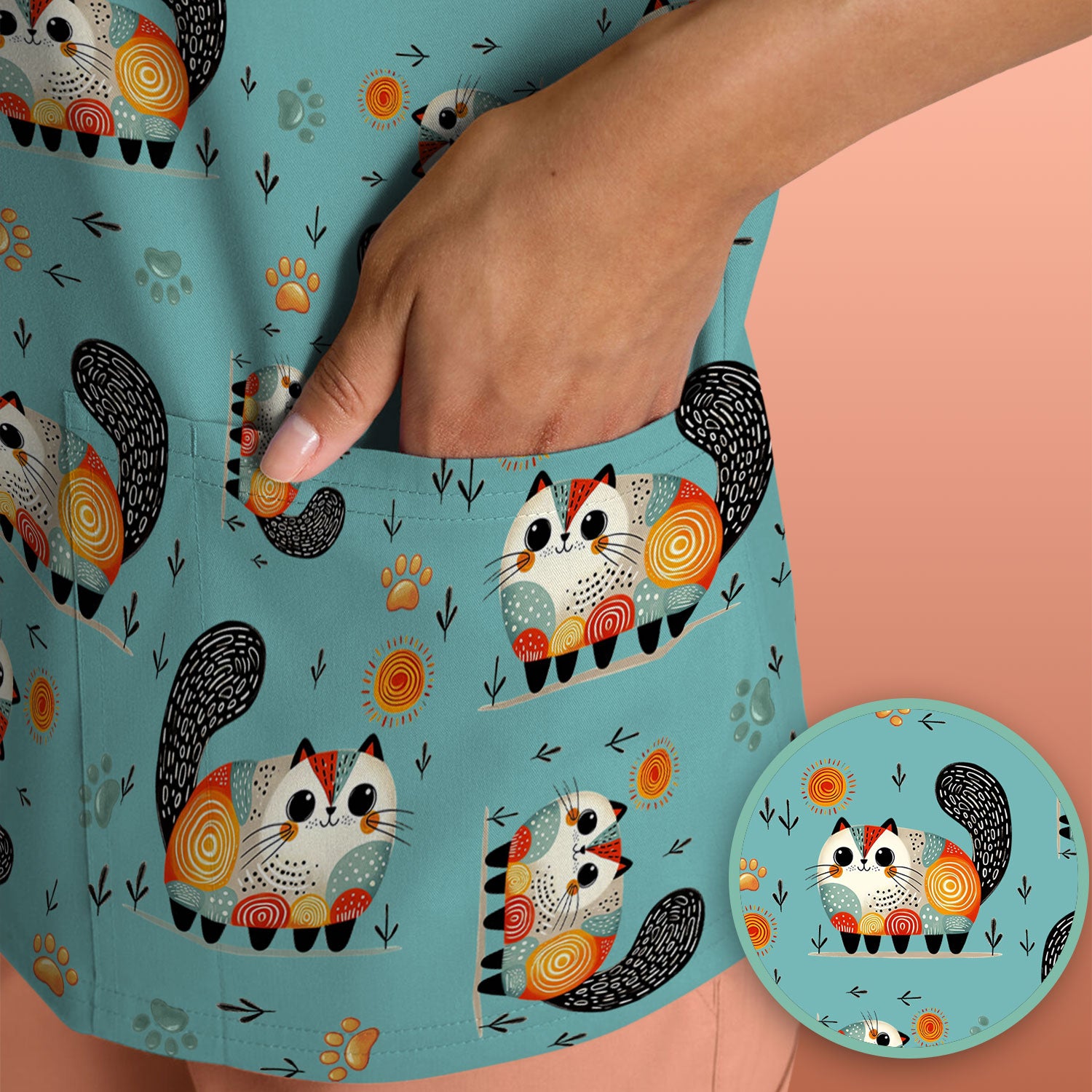 Playful Cat Illustration Nurse Scrub Top, Comfortable Scrubs for Nurses