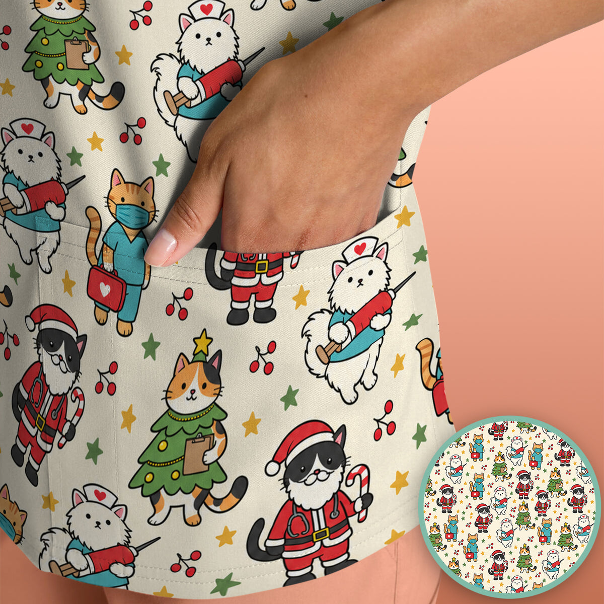 Christmas Cats In Nurse And Santa Outfits Scrub Top, Comfortable Scrubs for Nurses