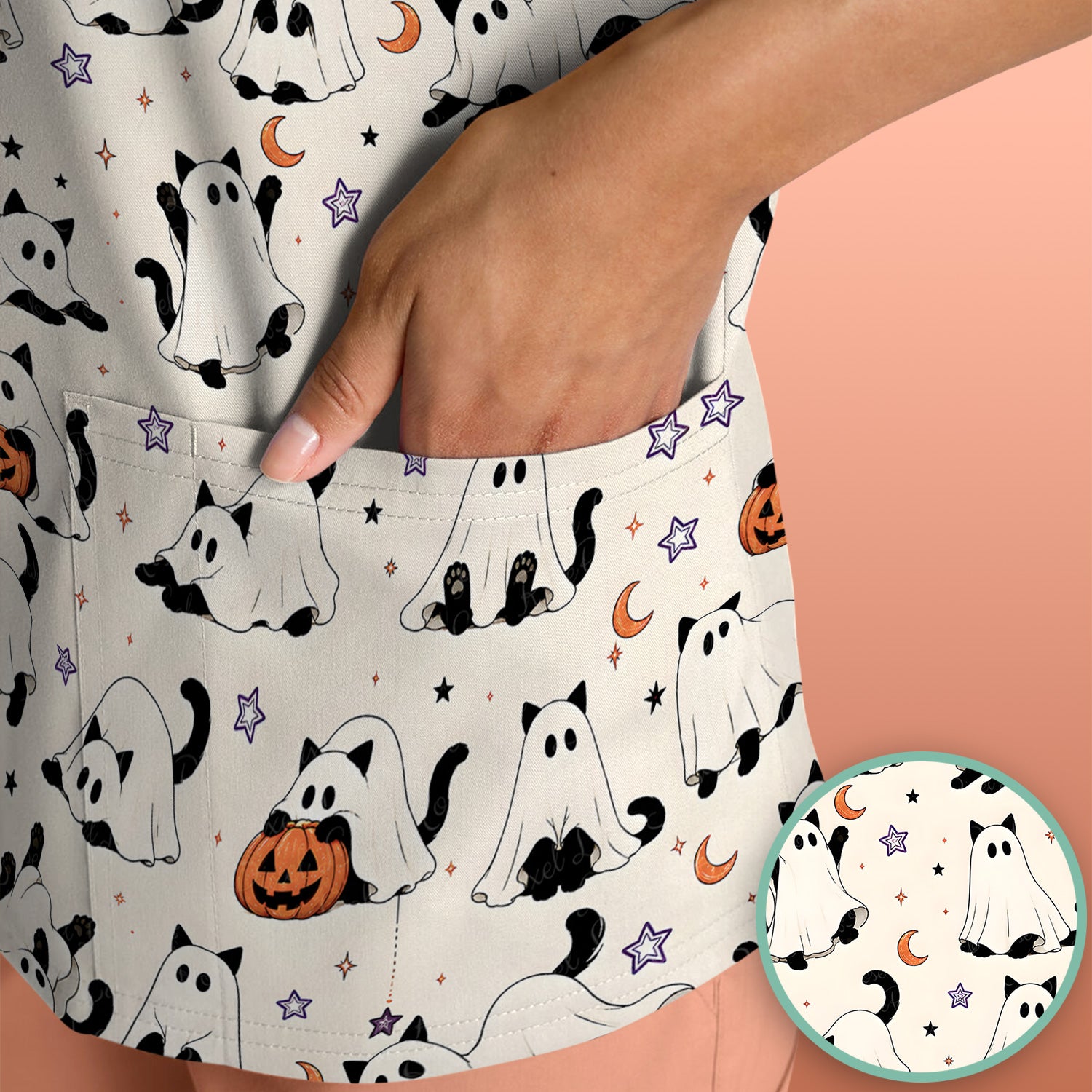 Halloween Ghost Cats And Pumpkins Scrub Top, Comfortable Scrubs for Nurses