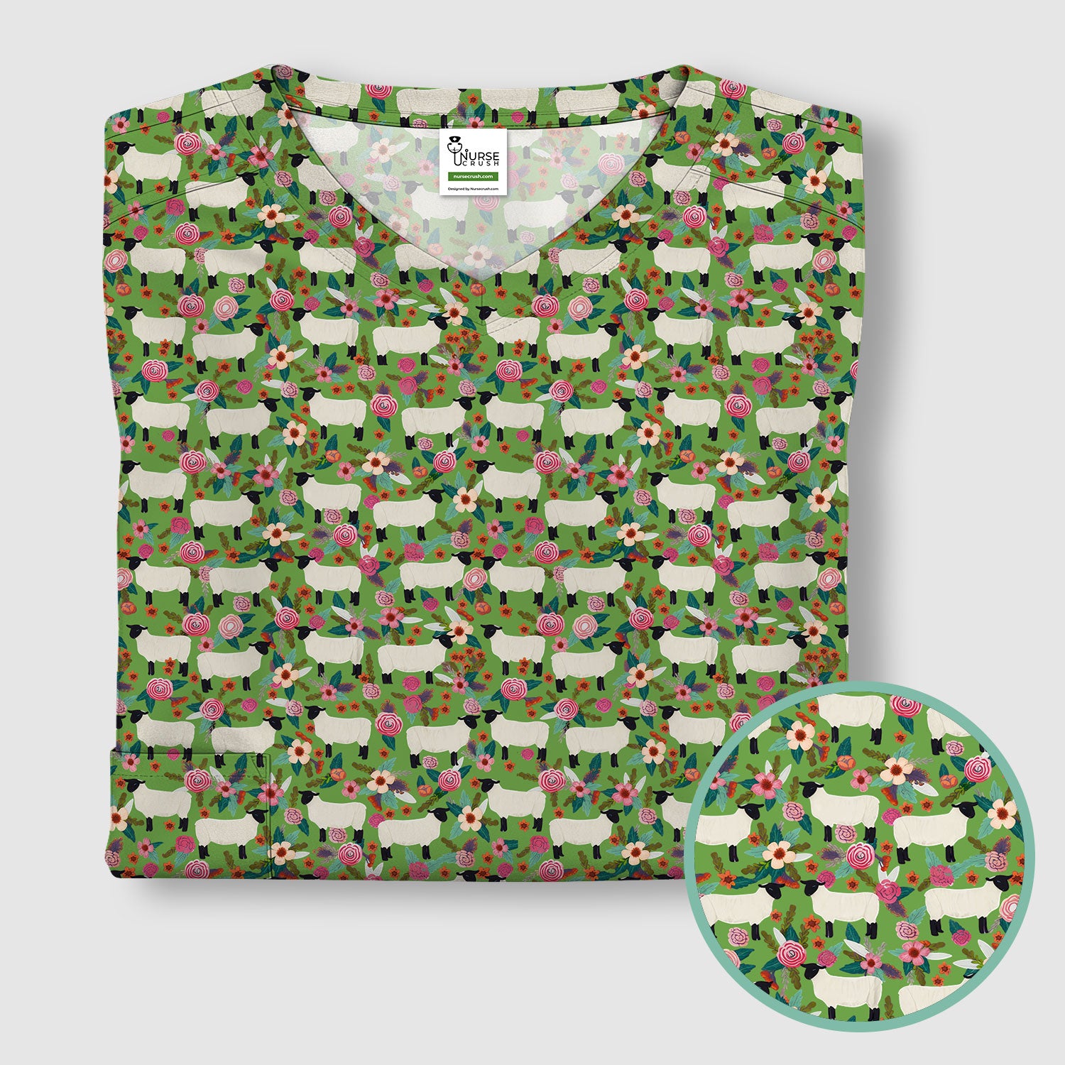 Cute Sheep Floral Meadow Pattern Scrub Top, Comfortable Scrubs For Nurses