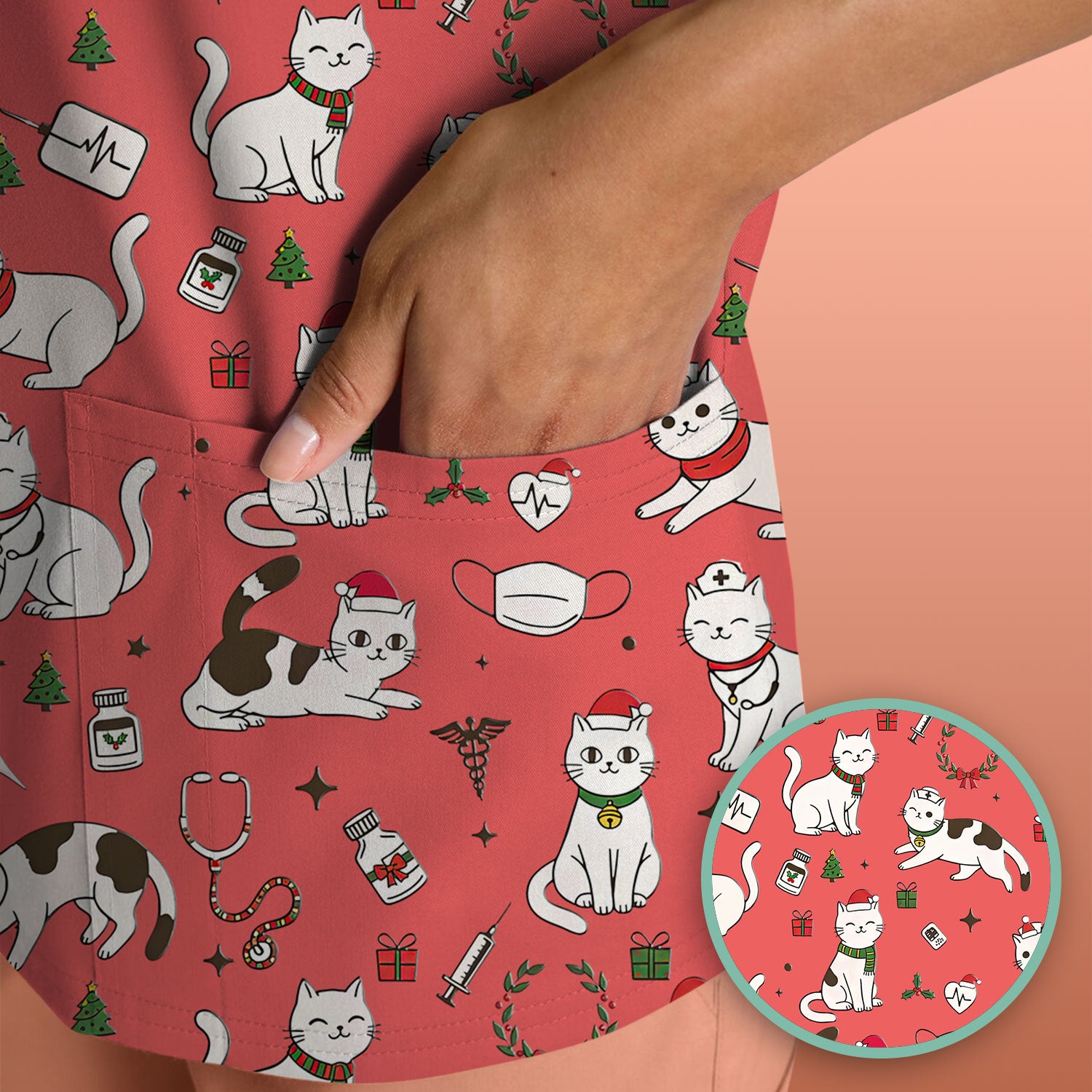 Christmas Cat Scrub Top – Festive Nurse & Holiday Kitty Pattern – Cute Medical Uniform for Nurses, Vets and Healthcare Workers